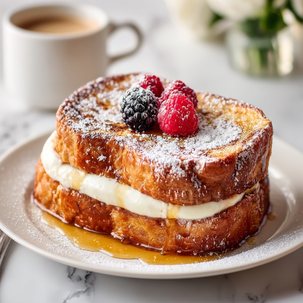 Two thick slices of golden-brown French toast are stacked on a white plate, each slice having a crispy, slightly shiny crust. Between the slices, there is a layer of melted creamy cheese that oozes slightly at the edges. The toast is drizzled with amber-colored syrup that glistens under the light, pooling softly on the plate. The background shows a white marbled surface with a blurred cup of coffee and a glass, adding a cozy breakfast feel. photo taken with an iphone --ar 4:5 --v 7
