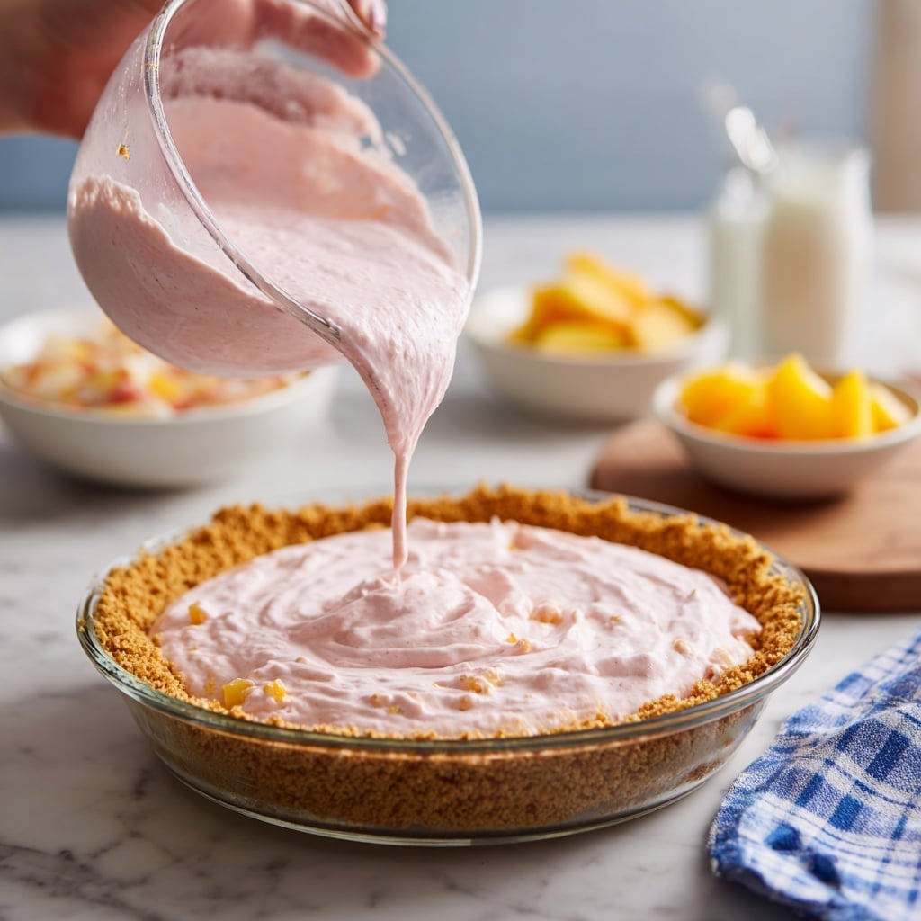 A slice of peach cheesecake with three visible layers sits on a white plate with a golden fork holding a bite of the cake. The bottom layer is a crumbly, light brown crust. The thick middle layer is creamy light pink with small chunks of peach inside. The top layer is a dollop of white whipped cream with half a bright orange peach slice on top. In the background, there is a clear bowl filled with whipped cream and another slice of the cheesecake on a white plate, all set on a white marbled surface. Photo taken with an iphone --ar 4:5 --v 7