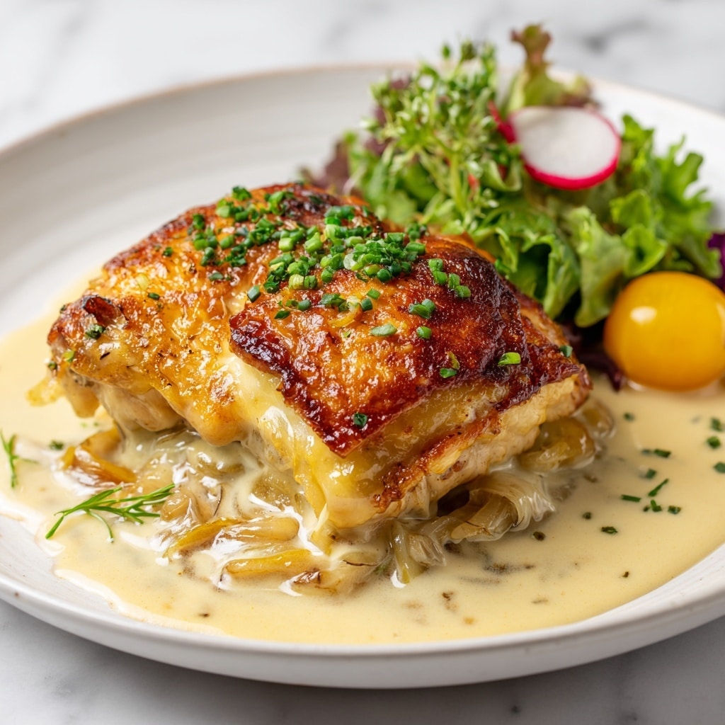 A dish with four main layers sits on a white plate over a white marbled surface. The bottom layer is golden caramelized onions with a soft shiny texture, slightly curled and spread around the plate’s edge. The second layer is a thick creamy sauce in a light beige color, scalloped with green chives sprinkled on top. The third layer features a crispy, browned piece of cooked meat with a rich, dark golden crust and glistening gravy sauce pooling slightly over its center, also topped with small green chive pieces. On the side, there is a small fresh green salad with leafy greens, sliced radish, and a yellow cherry tomato half adding bright colors to the presentation. Photo taken with an iphone --ar 4:5 --v 7