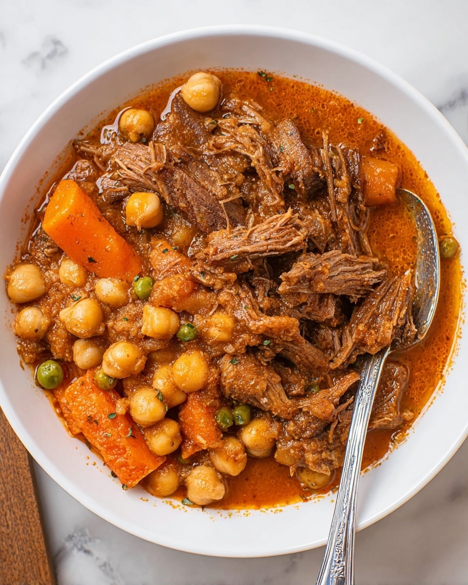 A white pot with blue handles sits on a wooden surface, filled with several layers of ingredients. At the center is a large piece of dark brown, seasoned meat. Surrounding the meat are layers of light beige chickpeas, bright orange carrot chunks, deep red tomato sauce spreading from one side, finely chopped green herbs, and a pile of mixed spices in various shades of brown and red. Two white bowls sit beside the pot; one has a thick white creamy substance, and the other is filled with a similar creamy texture. The background is changed to a white marbled texture. Photo taken with an iphone --ar 4:5 --v 7