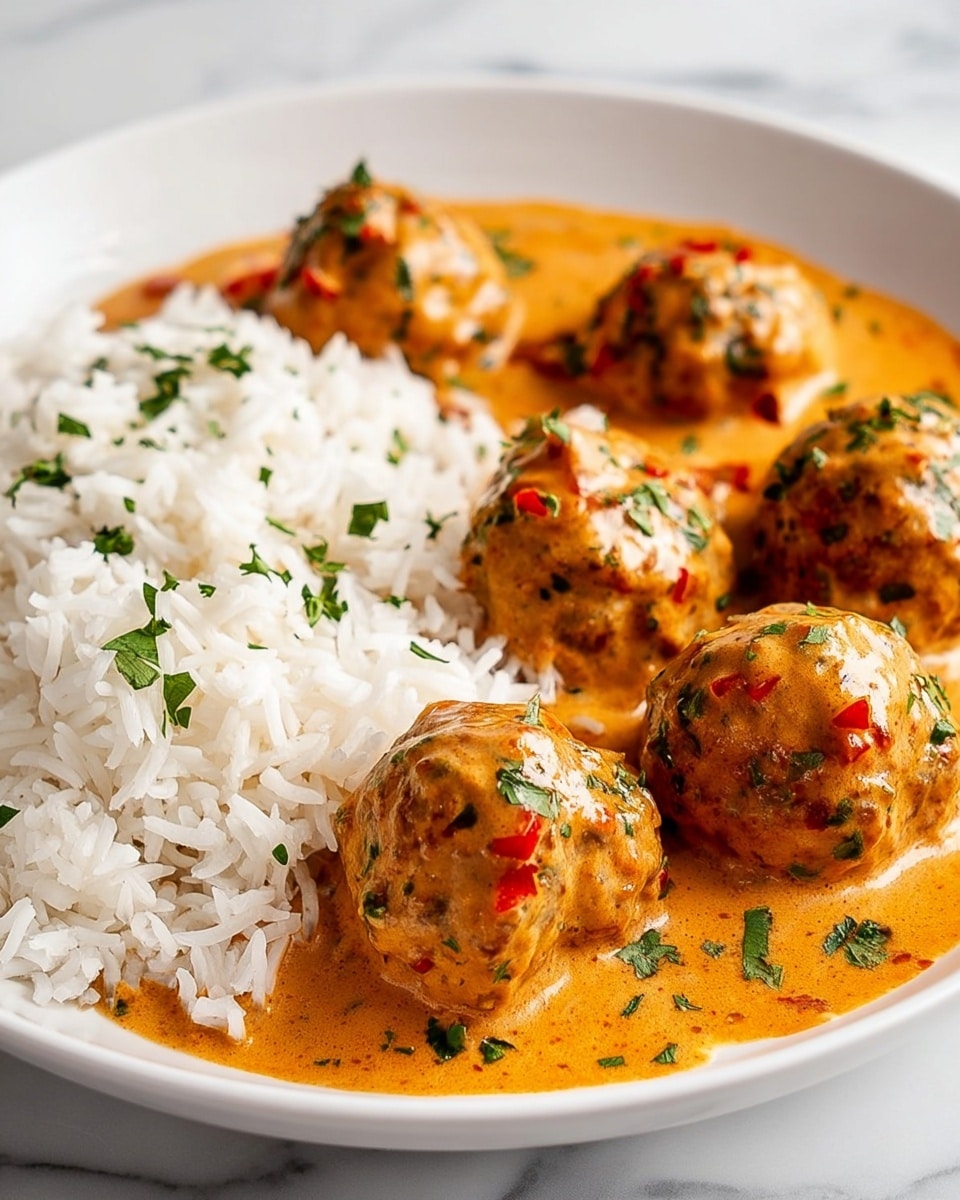 A black skillet filled with about twenty golden-brown meatballs covered with a creamy orange sauce that has a smooth texture and a glossy finish, garnished with fresh green herbs scattered on top and small red chili slices, two lime wedges sit near the top edge, and a wooden spoon rests inside the skillet scooping some meatballs, all placed on a white marbled textured surface. photo taken with an iphone --ar 4:5 --v 7