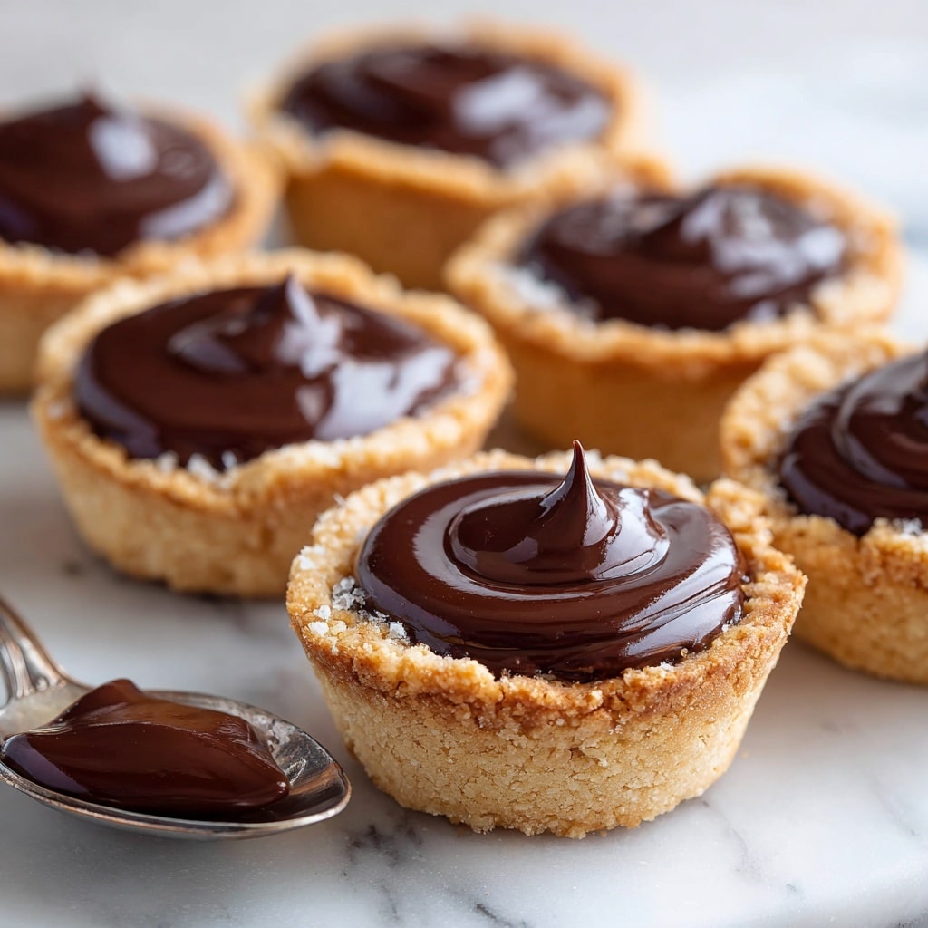 The image shows a close-up of small dessert cups made from a crumbly, golden-brown cookie crust filled with a smooth, dark chocolate filling that looks creamy and rich. Each cup is neatly formed with the crust having a rough, grainy texture and small dark chocolate chips scattered throughout. The chocolate topping is swirled on top in thick folds, adding a glossy, soft look. The dessert cups are set on a white marbled surface, and a woman's hand is gently holding one of them by the edge. In the background, other cups are slightly blurred, showing depth in the image. Photo taken with an iphone --ar 4:5 --v 7