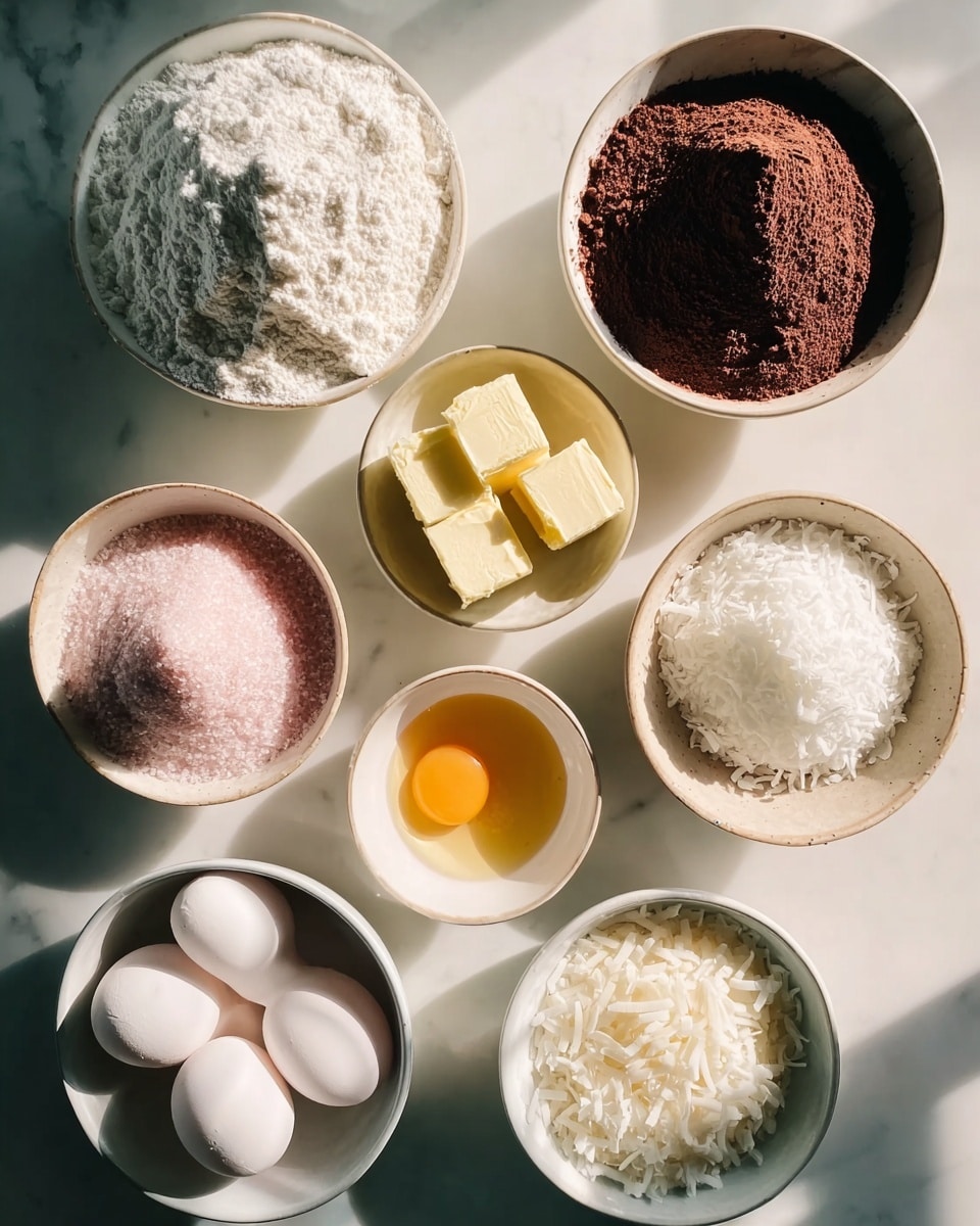The image shows four square dessert pieces on a white plate with a white marbled surface. Each piece has three layers: a bottom dark brown chocolate cake layer with a crumbly texture, a middle white fluffy cream layer, and a top layer of pink shredded coconut giving a soft, fluffy look. The pink coconut layer gradually blends into the white cream below, creating a gradient effect. The pieces are neatly cut and arranged close together, with a soft-focused background that includes some green blurred shapes. photo taken with an iphone --ar 4:5 --v 7