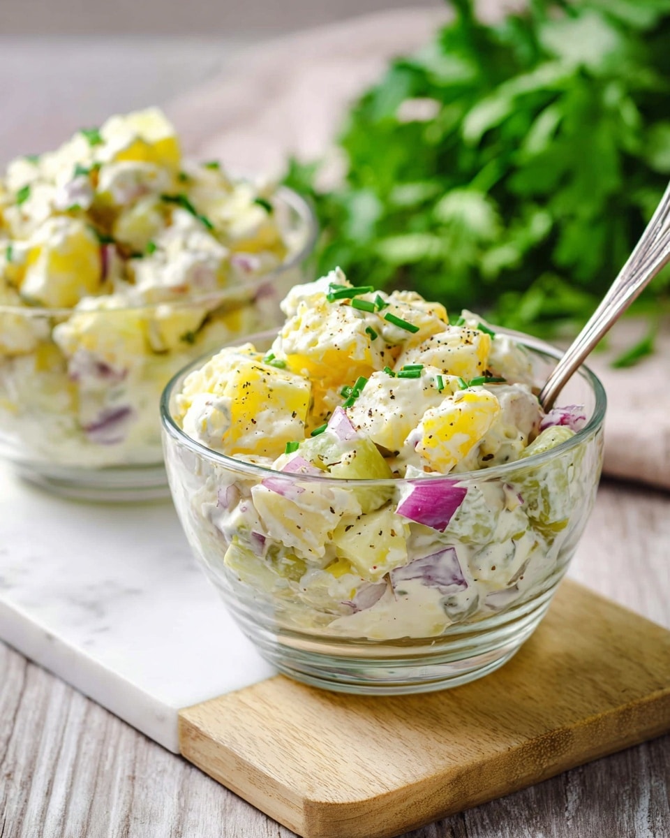 A white bowl filled with creamy potato salad sits on a round wooden board with a white marbled surface beneath it. The salad has several layers, starting with chunks of soft, light yellow potatoes covered in a smooth, pale yellow dressing mixed with small bits of red onion. Fresh green chopped herbs are sprinkled generously on top, adding a bright contrast to the creamy mixture. A silver spoon rests inside the bowl on the right side, and a white cloth with soft folds is partially visible on the left side of the wooden board. Photo taken with an iphone --ar 4:5 --v 7