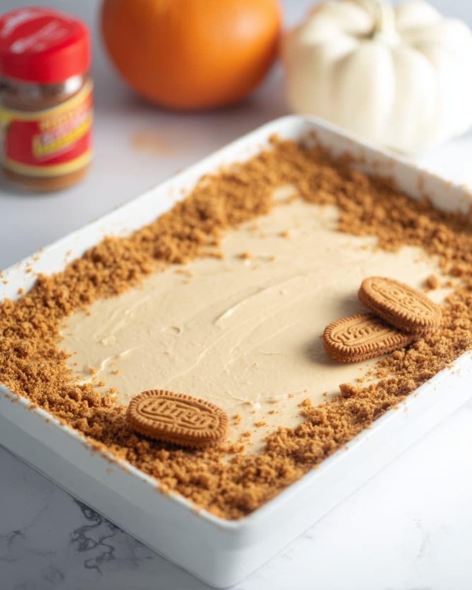 A square piece of creamy dessert sits on a white plate with a white marbled texture, showing three layers: a light brown crumbly bottom layer, a thick smooth beige middle layer, and a finely crushed crumb topping in a darker brown shade. On top, there is a swirl of white whipped cream sprinkled with crumbs, and a whole rectangular brown cookie stuck into the cream at an angle. Some crumbs are scattered around the dessert and a small dollop of whipped cream with crumbs is on the plate. A gold fork rests on the plate with a bite of the dessert. The background is blurred, showing a jar with a red label and white pumpkin. photo taken with an iphone --ar 4:5 --v 7