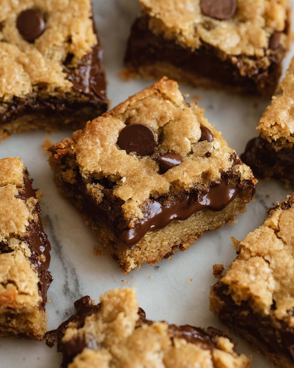 A close-up view of two square cookie bars stacked, showing three layers: a golden-brown crumbly top cookie layer with some melted chocolate chips dotting the surface, a thick middle layer of rich, glossy, melted dark brown chocolate, and a denser golden-brown cookie base layer. The texture of the cookie layers looks soft and chewy with visible small chunks, while the chocolate layer appears smooth and creamy, oozing slightly from the edges. More cookie bars with similar golden-brown tops and visible chocolate chips are in the blurred background on a white marbled surface. photo taken with an iphone --ar 4:5 --v 7