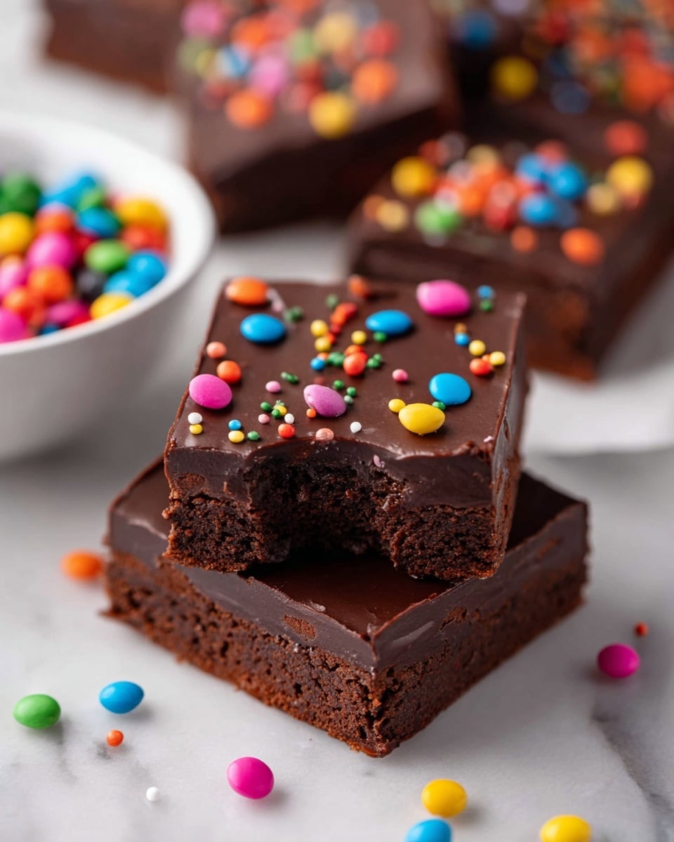 The image shows two chocolate brownies stacked on top of each other on a white marbled surface. Each brownie has one thick layer of dark, smooth chocolate frosting on top, which is shiny and glossy. Colorful small round candy sprinkles in pink, blue, yellow, green, orange, and red are scattered on the frosting and around the brownies. The brownie on top has a bite taken out of the lower left corner, showing a dense, chewy chocolate inside. In the background, more brownies decorated with the same candy sprinkles are visible, along with a white bowl filled with the colorful candies. Photo taken with an iphone --ar 4:5 --v 7