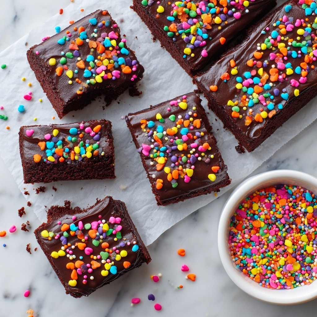 The image shows seven rectangular chocolate brownies with smooth, dark chocolate frosting on top, each cut into two smaller pieces. Brightly colored round and heart-shaped sprinkles in yellow, pink, orange, blue, green, and red are scattered thickly across the frosting and some on the white parchment paper underneath. The brownies are arranged on white parchment paper on a white marbled surface. To the bottom right, there is a white plate holding a bowl filled with the same colorful sprinkles. One brownie piece on the left side has a bite taken out of it. Photo taken with an iphone --ar 4:5 --v 7
