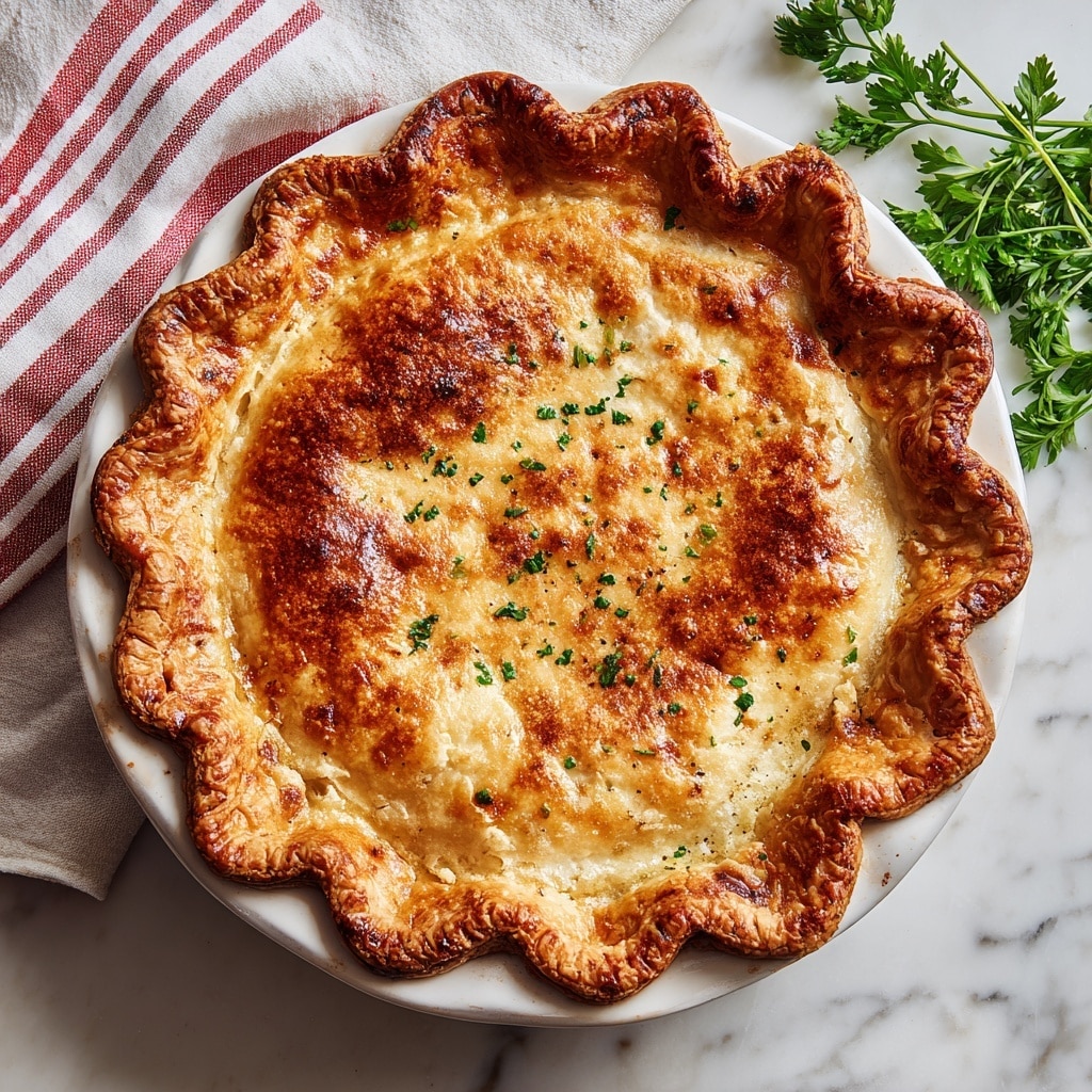 A golden-brown, flaky pie with a crimped edge is shown, cut into slices with one slice being lifted by a fork from a white plate. The pie crust is textured and sprinkled with small bits of herbs and black pepper. Inside, the filling has visible layers of creamy white sauce mixed with chunks of soft orange carrots, green peas, and pale pieces of chicken, giving a colorful and hearty look. The background is a white marbled texture, and the focus is on the pie’s crust and filling. Photo taken with an iphone --ar 4:5 --v 7