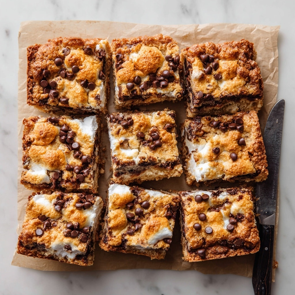The image shows a batch of sixteen square-shaped baked bars arranged closely on light brown parchment paper. The top layer is golden brown, crispy, and slightly cracked with an uneven texture, sprinkled with melted dark brown chocolate chips. Underneath, there is a thick white marshmallow layer that is slightly melted and peeking out between the cracks of the top layer. The bars appear thick with two visible layers: a firm cookie-like crust on top and a soft marshmallow filling beneath, resting on the parchment paper that lies on a white marbled surface. A black-handled knife is partially visible at the bottom right corner of the image. photo taken with an iphone --ar 4:5 --v 7