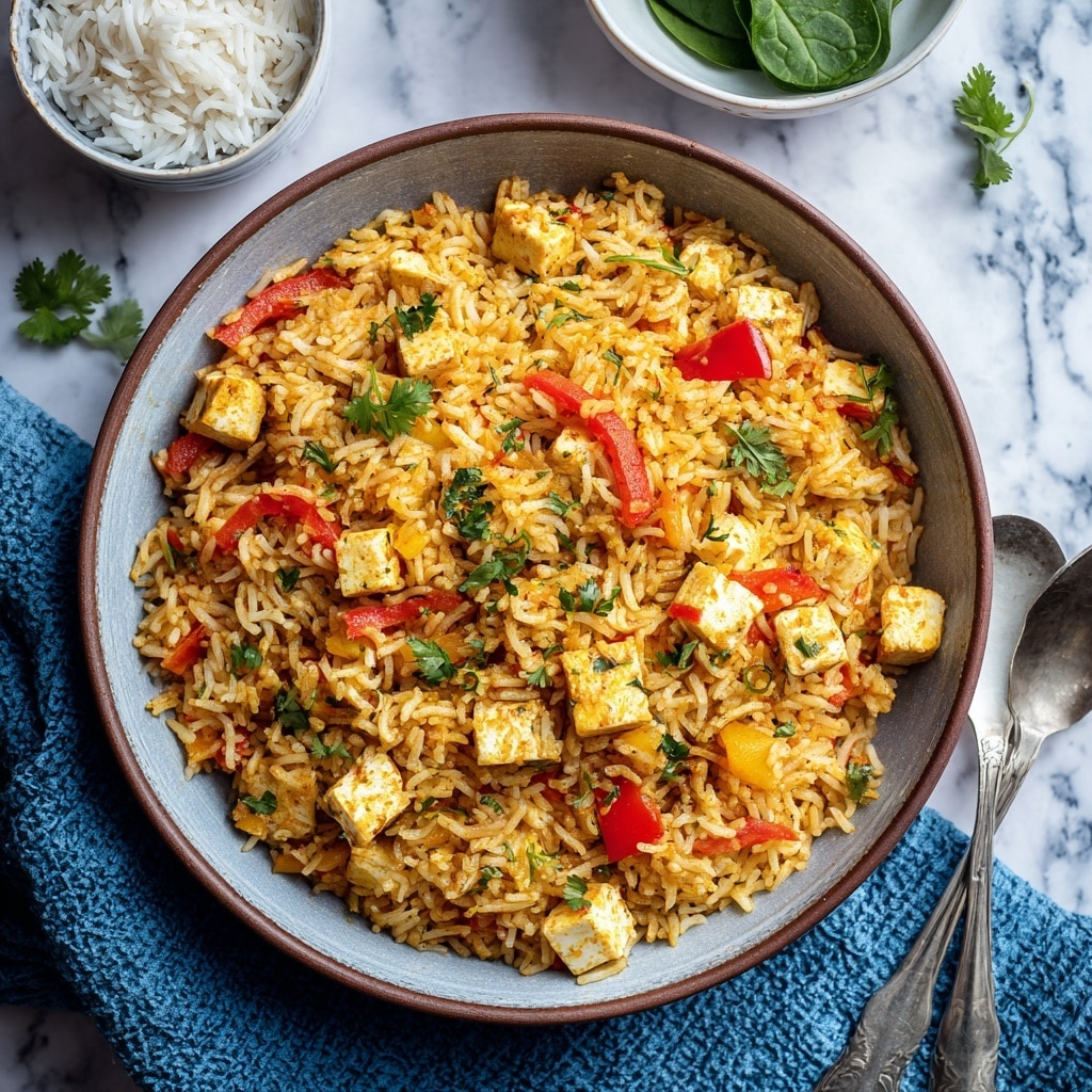 A round grey bowl with a thin brown rim holds a colorful dish of yellow rice mixed with small cubes of white paneer cheese, slices of red bell pepper, and scattered green cilantro leaves. The rice grains look fluffy and coated in a spiced sauce, giving a warm golden tone throughout. Red bell pepper strips and fresh green herbs are spread evenly, adding bright color contrasts. The bowl sits on a white marbled surface with some raw white rice grains and spinach leaves in a white bowl nearby, along with silver cutlery partially visible. A blue textured cloth is placed beside the bowl. Photo taken with an iphone --ar 4:5 --v 7