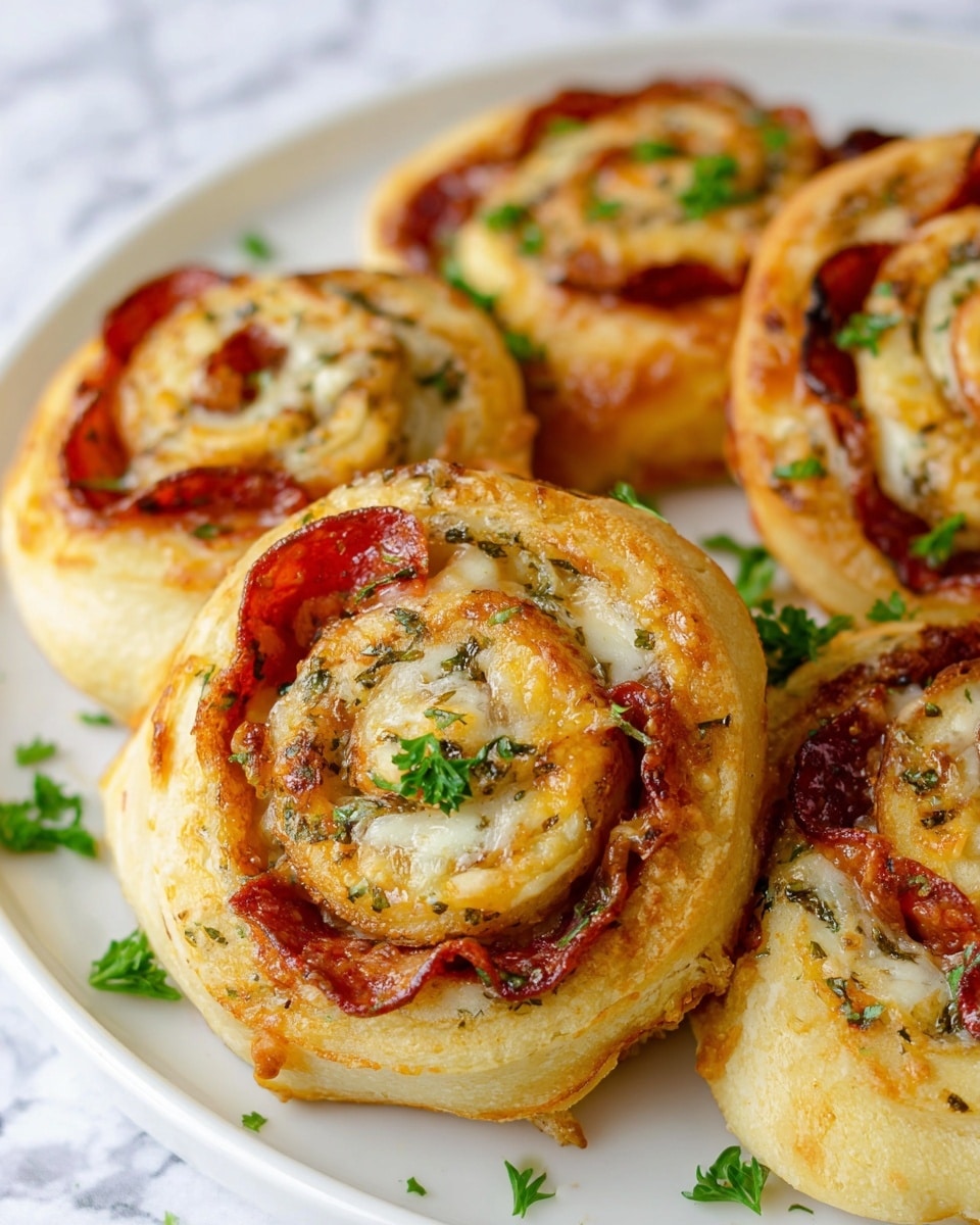 The image shows a close-up of several golden-brown pizza rolls arranged on a white plate. Each roll has multiple layers starting with a soft, baked dough base that is golden and slightly crispy. Inside, there are spirals of melted creamy cheese with a pale yellow color, and thin, curved slices of reddish-brown pepperoni with some herbs sprinkled throughout. The tops of the rolls are lightly browned and garnished with small pieces of fresh green parsley scattered around. The background features a white marbled texture. photo taken with an iphone --ar 4:5 --v 7