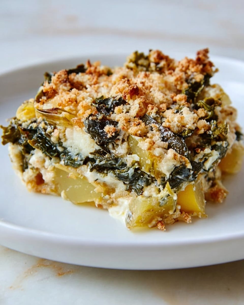 A slice of a baked vegetable casserole sits on a white plate with a white marbled texture background. The dish has several layers: at the bottom, pale yellow pieces that look like cooked squash or potatoes; the middle layer contains wilted dark green leafy vegetables mixed with light cream-colored sauce; the top layer is covered with a browned, crumbly topping made of breadcrumbs and grated cheese. The textures appear soft inside with a crunchy top. Photo taken with an iphone --ar 4:5 --v 7