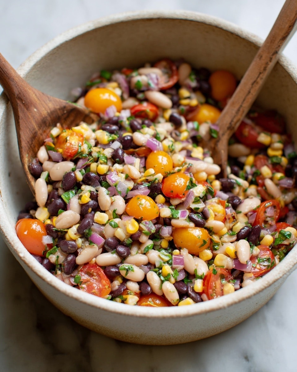 The image shows a close-up of a white bowl filled with a colorful bean salad. The salad has several layers with vibrant colors: white beans, black beans, brown beans, and yellow corn kernels mixed with chopped red onion, small bright red and orange cherry tomato halves, and scattered green cilantro leaves. A woman's hand holds the bowl from the side, and a gold and white spoon is resting in the bowl among the salad. In the background, a larger bowl of the same salad sits on a light wooden surface, slightly out of focus. The setting is on a white marbled texture. photo taken with an iphone --ar 4:5 --v 7