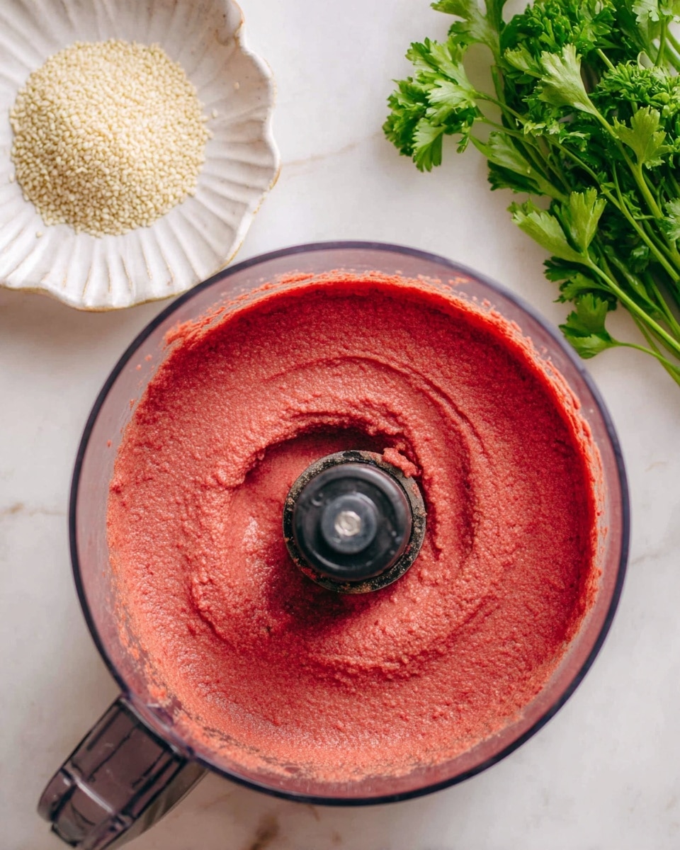 The dish shows a bowl filled with creamy beet hummus as the bottom red-pink layer, smooth but slightly swirled. On top, there is a glossy layer of orange olive oil poured in small pools. Scattered on one side are light beige chickpeas, and sprinkled around are white sesame seeds. Fresh green parsley leaves are placed on top of the chickpeas and hummus, adding bright color contrast. The white bowl sits on a white marbled surface with a cut lemon on the left and a small dish with sesame seeds in the upper corner, while fresh parsley lies at the bottom right. Photo taken with an iphone --ar 4:5 --v 7