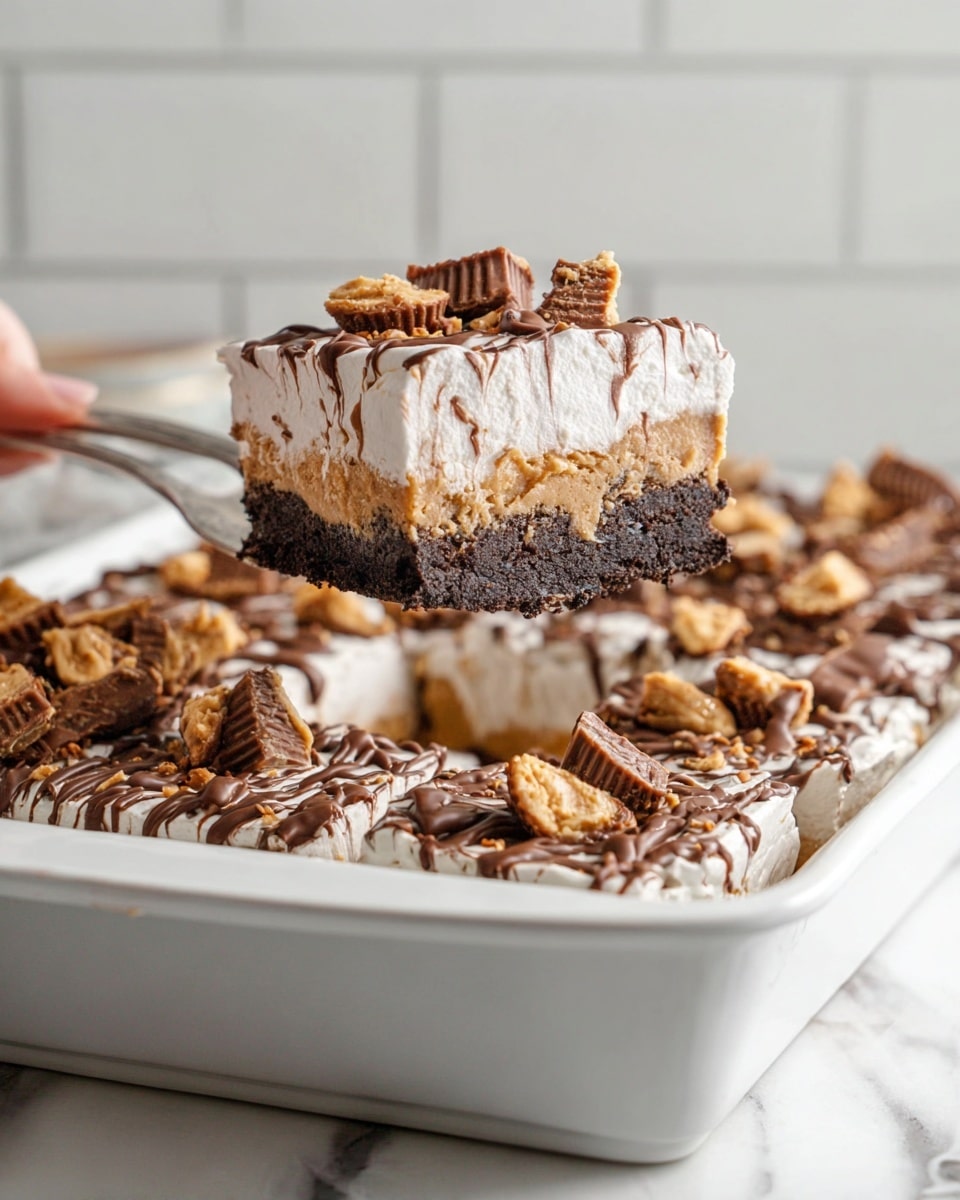 The image shows a square slice of a layered dessert on a white square plate with a gold fork next to it. The dessert has four visible layers: a dark, crumbly chocolate base layer, a slightly lighter creamy peanut butter layer, a smooth chocolate pudding layer, and a thick white whipped topping layer. The top is drizzled with rich chocolate sauce that drips down the sides and is decorated with chunks of peanut butter cups. In the background, there is another piece of the dessert on a white square plate and a bowl with some gold-wrapped peanut butter cups, all placed on a white marbled surface with a yellow and white checkered cloth partially visible. Photo taken with an iphone --ar 4:5 --v 7