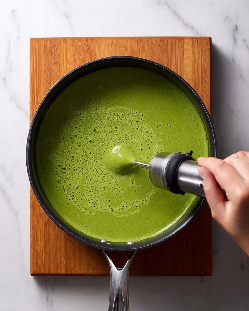 The image shows two white bowls filled with smooth, green broccoli soup topped with small, bright green broccoli florets. One bowl has a slice of toasted bread on the rim, covered in melted golden-brown cheese with small herb sprigs scattered on top. The bowls rest on a gray cloth on a white marbled surface with a small bowl of coarsely ground pepper nearby. A silver spoon with a wooden handle is partially in the soup in one bowl, and there is another slice of cheese-covered toast on a white plate near the bottom left corner. The colors are warm and inviting, highlighting the creamy texture of the soup and the crisp crust of the toast. photo taken with an iphone --ar 4:5 --v 7