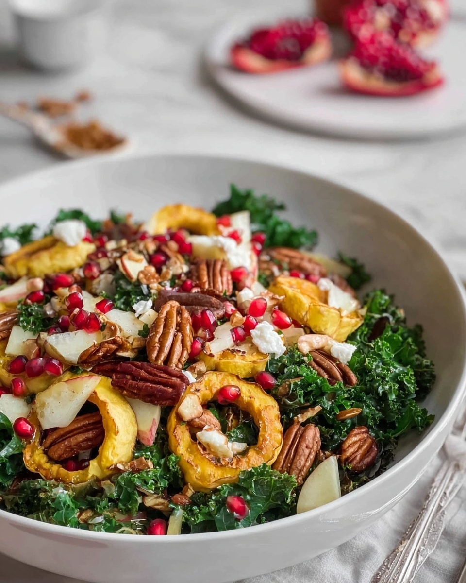 A large white plate holds a colorful salad with four main layers: the bottom layer is bright green curly kale leaves, evenly spread across the plate; on top of this are scattered light brown pecan nuts and golden toasted seeds, adding a crunchy texture; the next layer includes soft white cheese pieces and small red pomegranate seeds, dotting the salad brightly; finally, there are several crescent-shaped golden yellow roasted squash slices and small chunks of red apple mixed throughout. Around the plate on the white marbled surface are a few pomegranate pieces and scattered seeds, with a soft beige cloth partially visible on the left. photo taken with an iphone --ar 4:5 --v 7