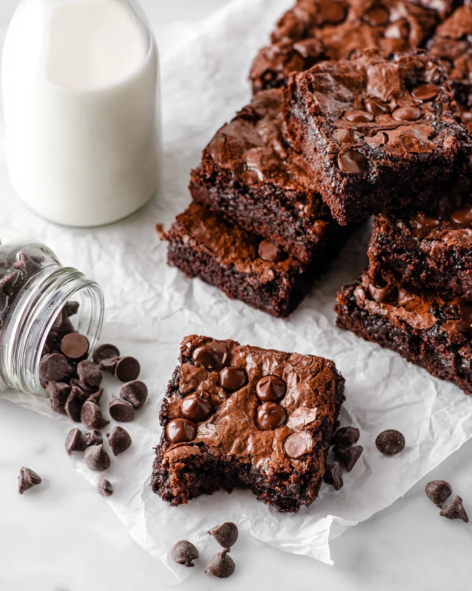 Several thick, square brownies with a cracked, shiny dark brown top are scattered on white parchment paper over a white marbled surface. Each brownie is covered with dense chocolate chips, some melted and some whole, giving a textured look. One brownie in the front has a bite taken out, showing the moist, fudgy middle. Near the brownies, some loose chocolate chips are spread out beside an open glass jar laying on its side. Behind the brownies, a glass bottle filled with milk is slightly out of focus. photo taken with an iphone --ar 4:5 --v 7