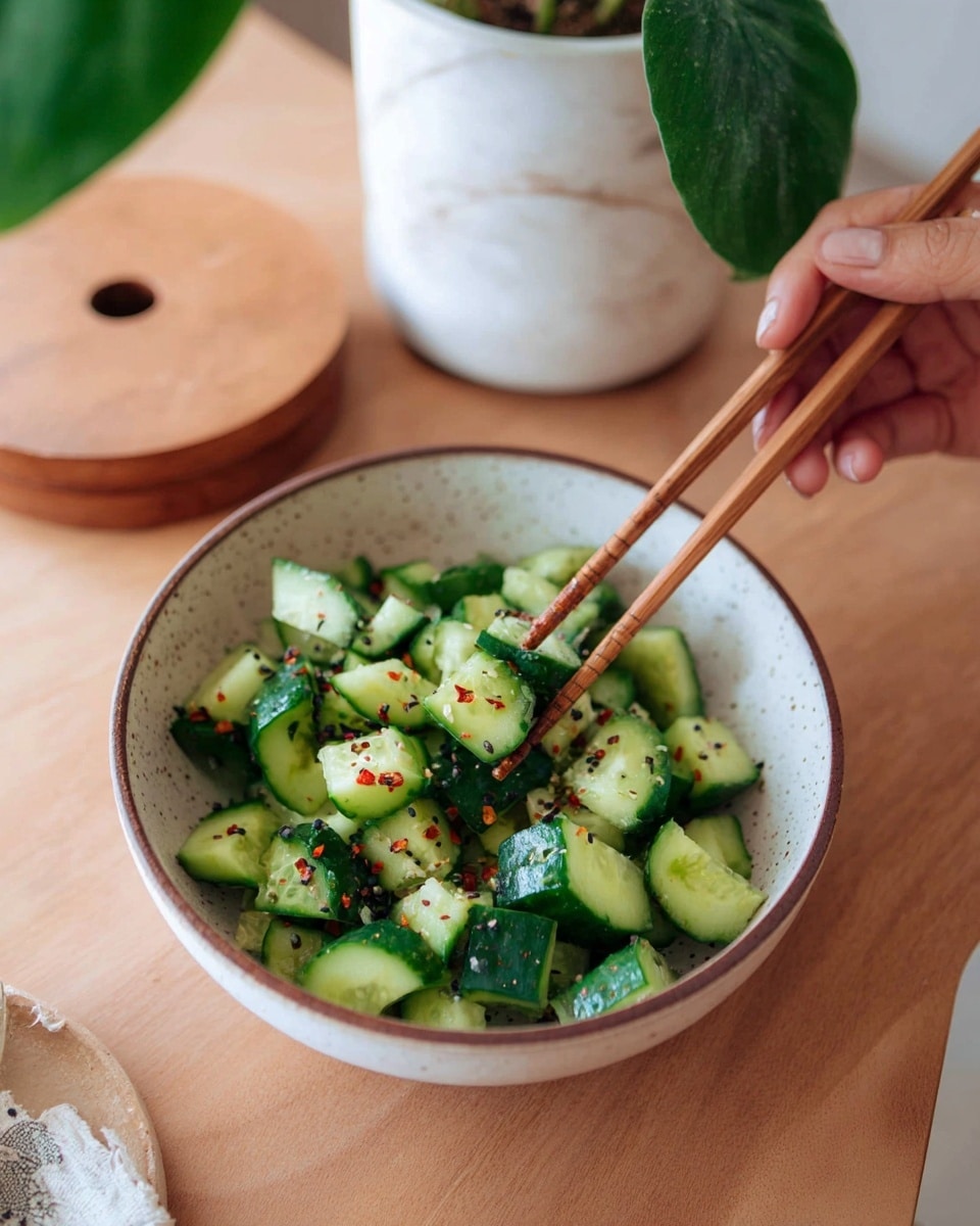 The image shows a bowl filled with chopped cucumber pieces that have bright green skin and pale green insides. The cucumber is cut into uneven small chunks and sprinkled with red chili flakes and black sesame seeds, giving it a textured look. The bowl holding the cucumber is white with brown speckles and a thin brown rim. A woman's hand is using wooden chopsticks to pick up some cucumber from the bowl. The bowl is placed on a wooden surface next to a round wooden lid and a white marbled plant pot with a green leafy plant inside. Photo taken with an iphone --ar 4:5 --v 7