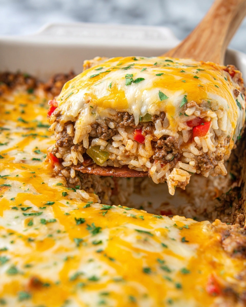 The close-up image shows a baked dish with three clearly visible layers. The bottom layer contains cooked rice mixed with small pieces of red and green peppers. The middle layer is filled with browned ground beef mixed with more rice and vegetables, giving it a textured, chunky appearance. The top layer is melted yellow and white cheese, slightly browned and bubbly, with small green herb pieces scattered across it. The slice is being lifted by a wooden spatula, revealing the soft, moist filling inside. The dish is inside a white baking dish set against a white marbled surface. Photo taken with an iphone --ar 4:5 --v 7