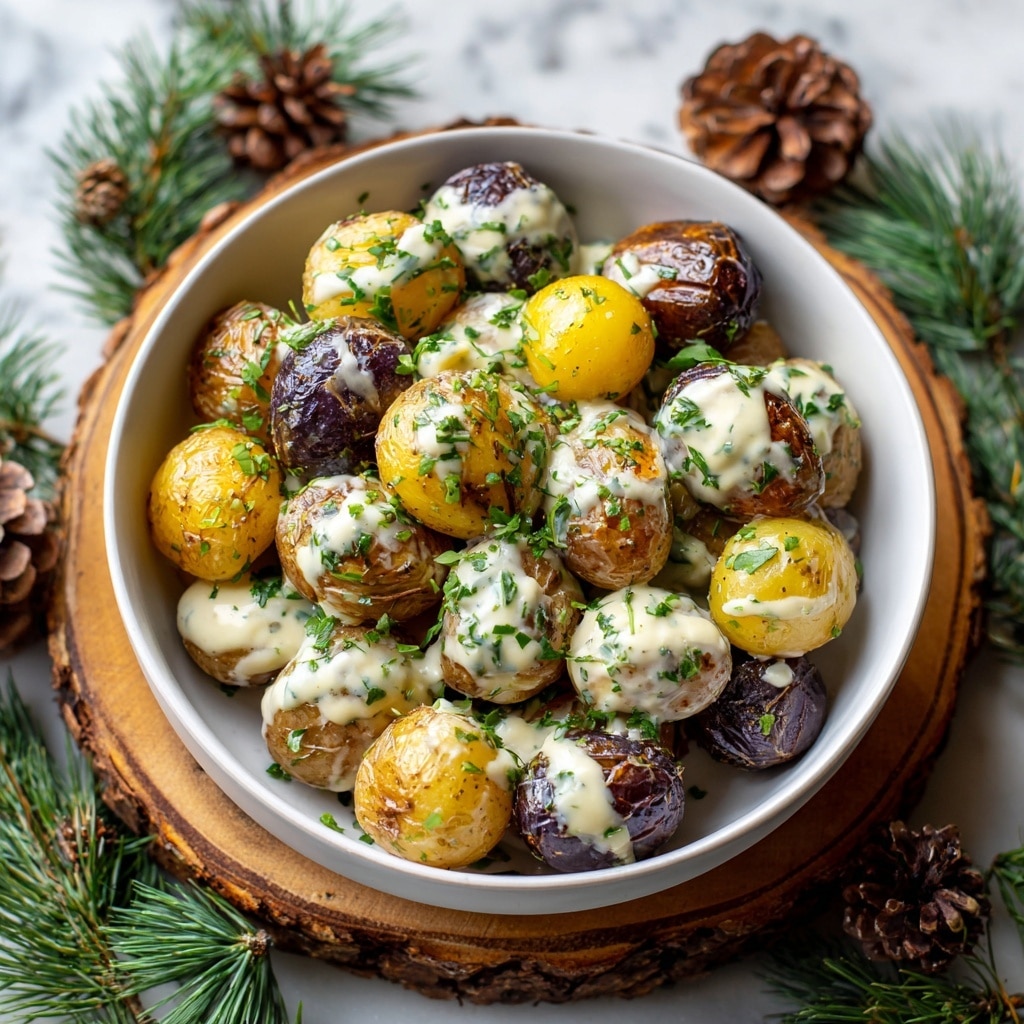 A wooden bowl filled with roasted small potatoes in two colors: golden yellow and reddish-brown, all cut in halves. The potatoes form a large mound, with a creamy white sauce drizzled thickly over the top, sprinkled evenly with finely chopped green herbs. The bowl sits on a round wooden slice, and the background includes pine branches and pine cones, with a lit candle adding a warm light. The overall setting feels cozy and rustic, with deep greens and browns dominating the scene, while the textures are smooth and slightly shiny on the potatoes and creamy on the sauce. Photo taken with an iphone --ar 4:5 --v 7