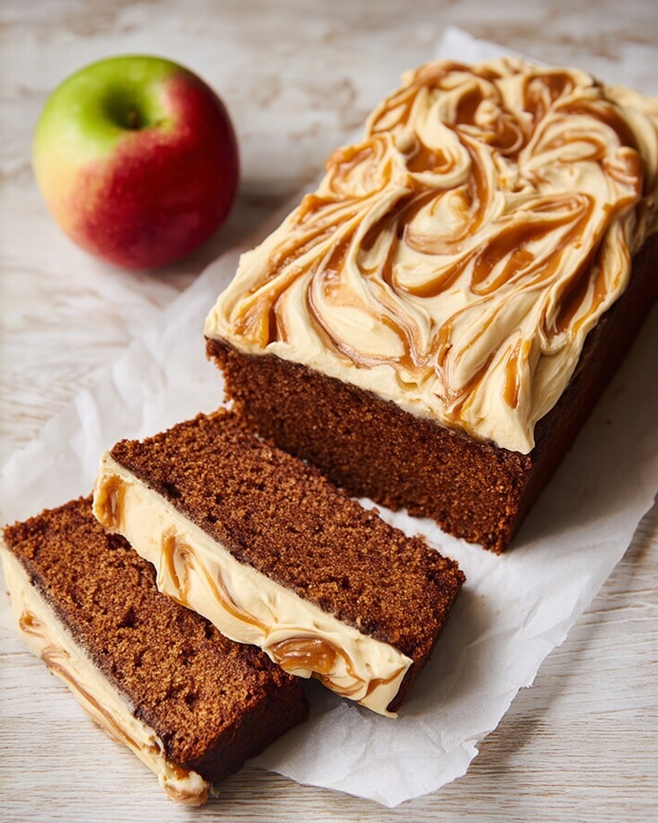 A rectangular loaf cake sits on white parchment paper, resting on a white marbled surface. The cake has two visible layers: the bottom layer is a rich, dark brown spongy bread with a fine crumb, while the top layer is thick creamy frosting swirled with caramel-colored streaks, creating a marbled effect. Two slices are cut from the loaf, revealing the smooth creamy filling sandwiched between the darker cake layers. A red and green apple is placed near the top left corner of the parchment paper. photo taken with an iphone --ar 4:5 --v 7