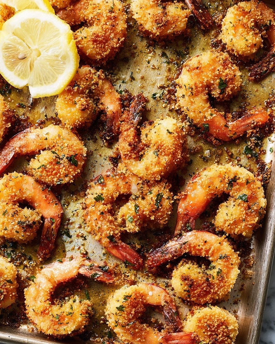 A white round plate holds a pile of cooked shrimp, each shrimp is coated with a golden brown crumb mixture that has green herb specks, giving it a crunchy texture. The shrimp's orange tails curl slightly, while the bodies show a mix of crispy browned spots and creamy white meat underneath. Small bits of green herbs are sprinkled all over the shrimp and a few pieces are scattered on the white marbled surface under the plate. The lighting highlights the shrimp’s glistening crust and juicy inside. photo taken with an iphone --ar 4:5 --v 7