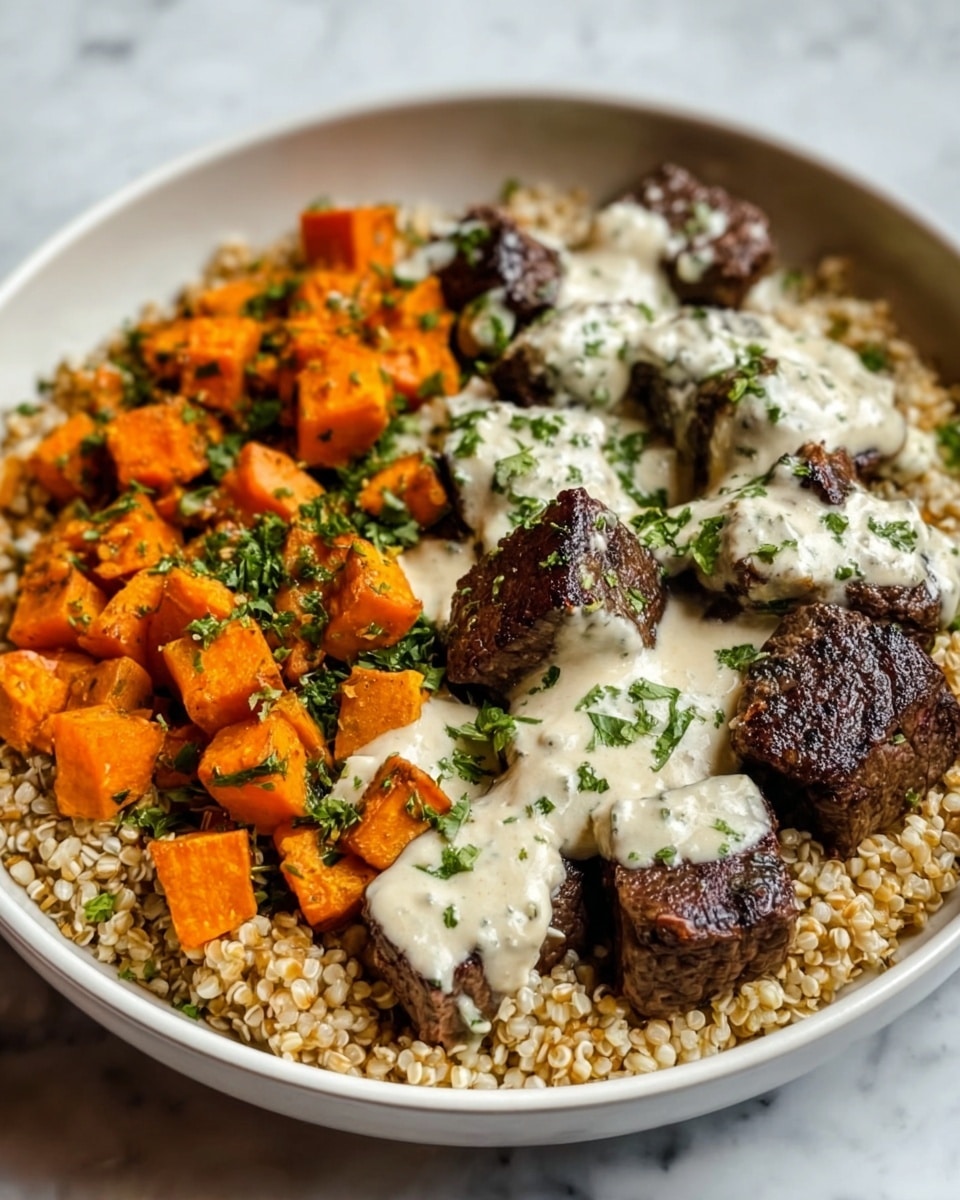 This dish is served in a white bowl placed on a white marbled surface. The bottom layer consists of light brown grains covering the whole bowl. On one side, there are bright orange cubes, likely sweet potatoes, sprinkled with green herbs. On the other side, there are dark brown grilled meat cubes topped with a creamy off-white sauce, also sprinkled with green herbs. The contrast between the orange sweet potatoes, dark meat, light sauce, and fresh green herbs creates a colorful and appetizing look. Photo taken with an iphone --ar 4:5 --v 7