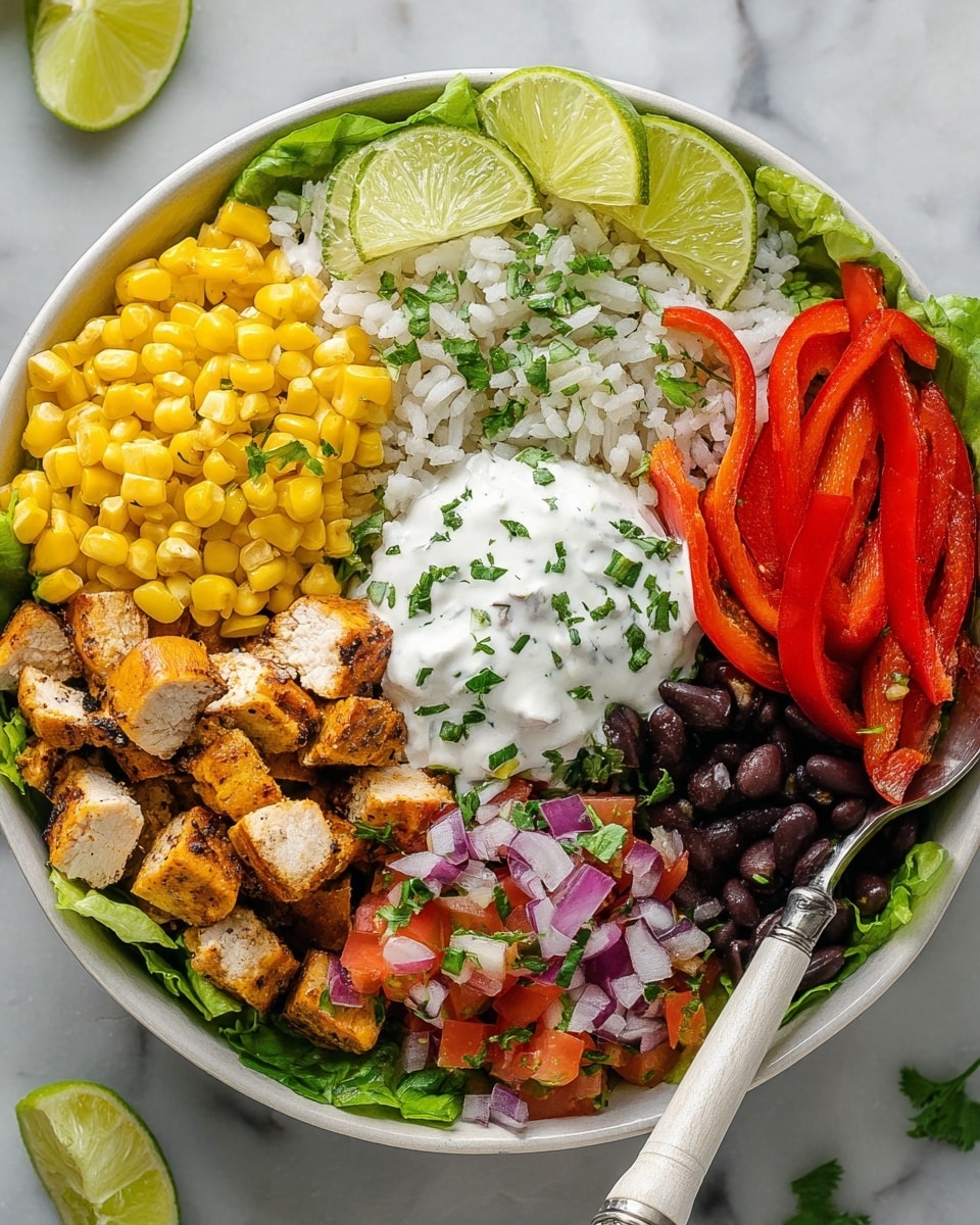 A white bowl filled with colorful food divided into sections: at the bottom front, there are grilled chicken cubes with a golden brown, slightly charred outside on a bed of green lettuce. To the left, there is a bright yellow pile of corn kernels. At the back, white rice forms a base topped with a dollop of white sour cream sprinkled with green herbs. On the right side, there are black beans and a mix of red diced tomatoes, white onion slices, and green herbs. The bowl sits on a white marbled surface. Photo taken with an iphone --ar 4:5 --v 7