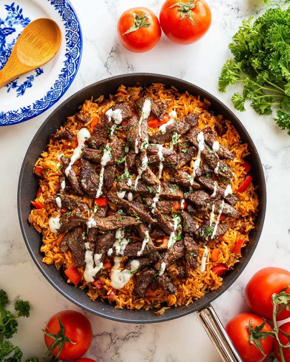 A pan filled with two main layers sits on a white marbled surface: at the bottom, bright orange rice mixed with small pieces of red bell pepper, and on top, dark brown sliced beef strips spread out evenly, drizzled with light creamy white sauce and sprinkled with green herbs. Around the pan, three ripe red tomatoes on a vine to the right, two loose tomatoes on the upper left, some fresh green parsley, and a partially visible white plate with a blue floral border holding a wooden spoon complete the scene. photo taken with an iphone --ar 4:5 --v 7