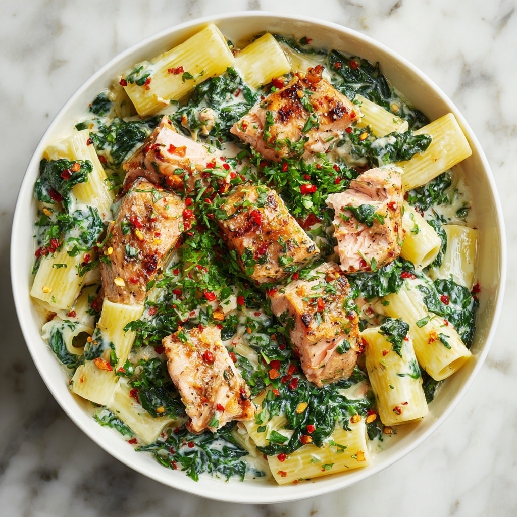 A white bowl containing rigatoni pasta with creamy white sauce mixed with wilted dark green spinach leaves, topped with two pieces of grilled salmon that are light pink with grill marks and sprinkled with fresh green herbs. A fork is inserted into the dish, lifting some of the pasta and spinach. The bowl sits on a white marbled surface with a soft, light-colored cloth nearby. Photo taken with an iphone --ar 4:5 --v 7
