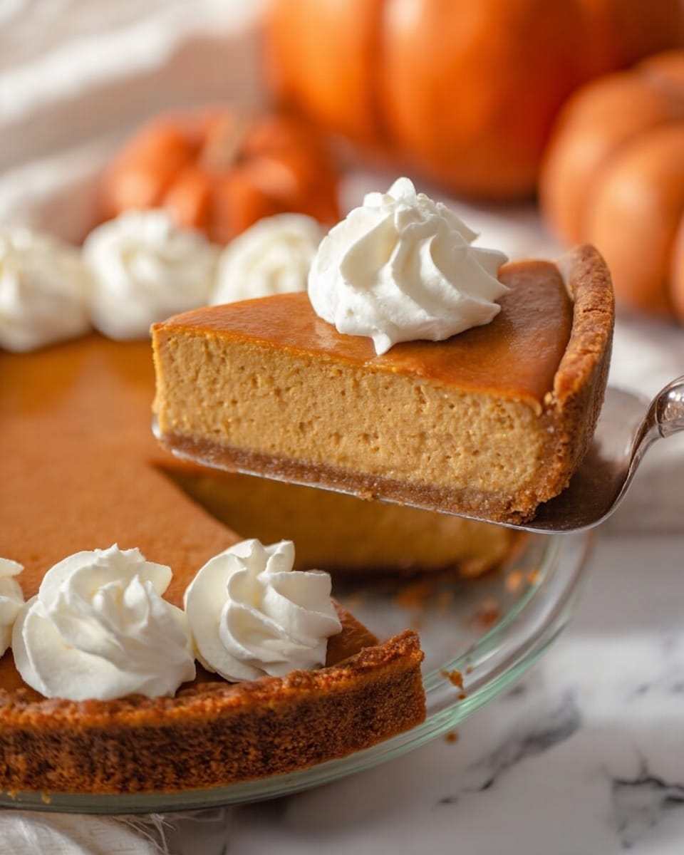 A slice of pumpkin cheesecake is shown on a white plate with a textured, thick brown crust at the bottom and a smooth, orange pumpkin layer above it. The top of the slice is covered in glossy caramel sauce dripping down the sides and pooling on the plate. A swirl of white whipped cream with caramel drizzle sits on top at the wider end of the slice. A silver fork lies next to the cheesecake on the plate. In the background, there is another similar slice on a white plate and a white pumpkin along with an orange leaf on a white marbled surface. Photo taken with an iphone --ar 4:5 --v 7