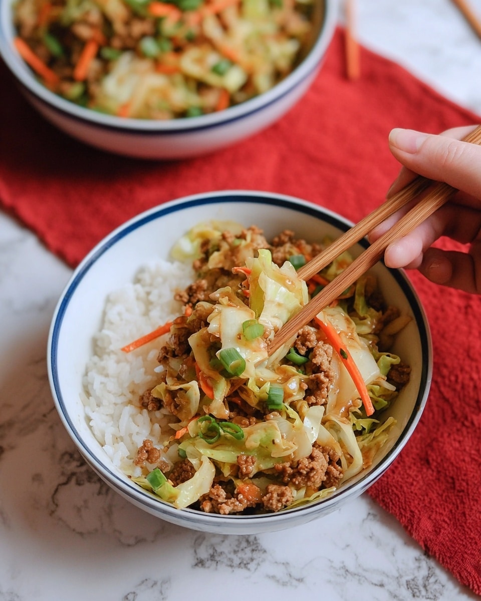 A white bowl with a blue rim holds a dish with two clear layers: the bottom layer is white rice with fluffy grains, and the top layer is a mix of cooked minced meat, shredded cabbage, thin carrot strips, and chopped green onions all mixed with a light brown sauce. A woman's hand is holding a pair of chopsticks picking up some of the mix from the bowl. In the background, another bowl with a similar mixture but no rice sits on a red textured cloth over a white marbled surface. photo taken with an iphone --ar 4:5 --v 7