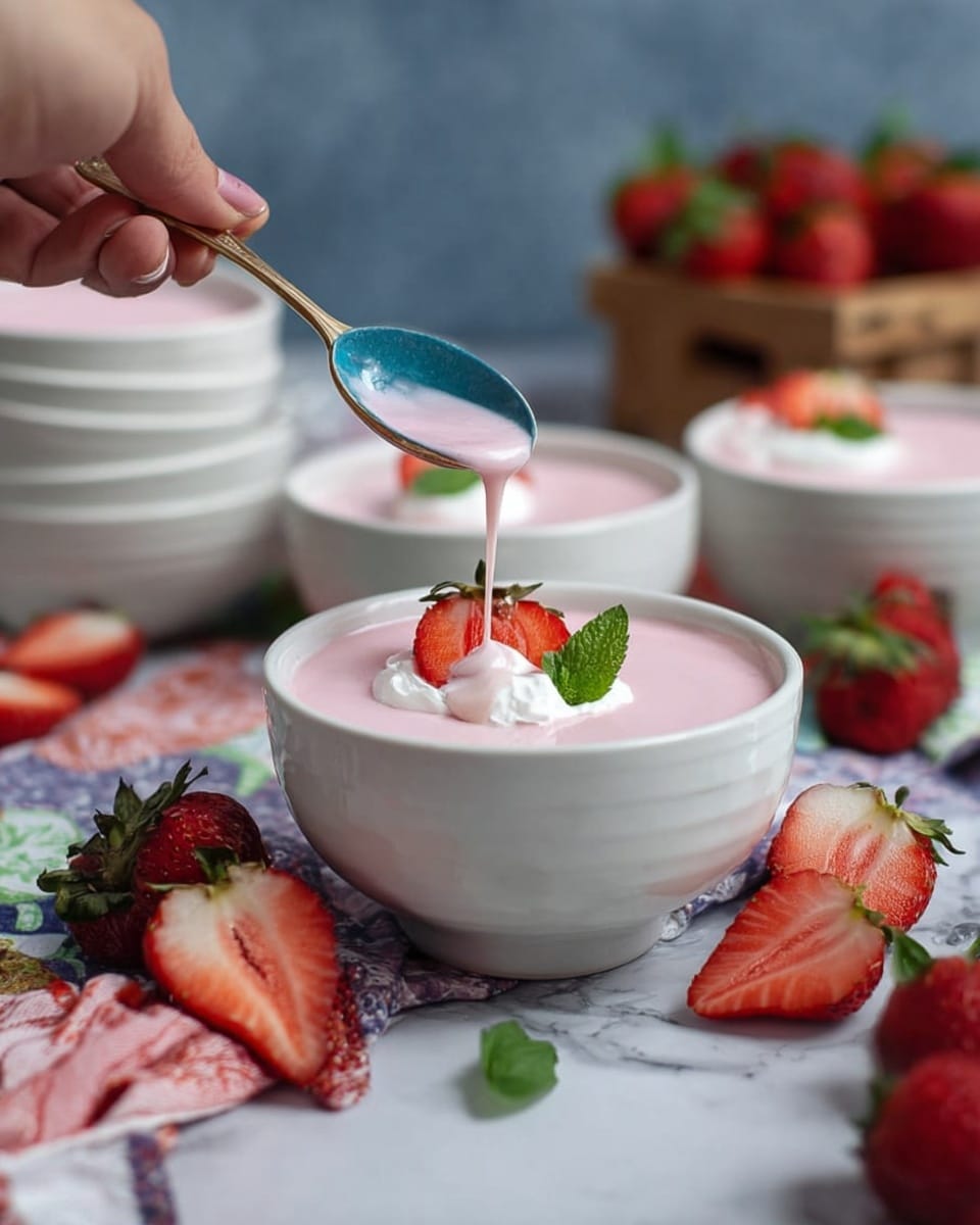 A white bowl with a light pink creamy dessert fills most of the bowl and is topped with a small dollop of white cream, a red strawberry slice, and a small green mint leaf. A woman's hand holds a blue spoon above the bowl, dripping some of the pink dessert back into it. Around the bowl, there are cut and whole bright red strawberries scattered on a white marbled surface. In the background, there are more white bowls stacked, filled with the same pink dessert, and a wooden basket full of whole strawberries slightly out of focus. photo taken with an iphone --ar 4:5 --v 7