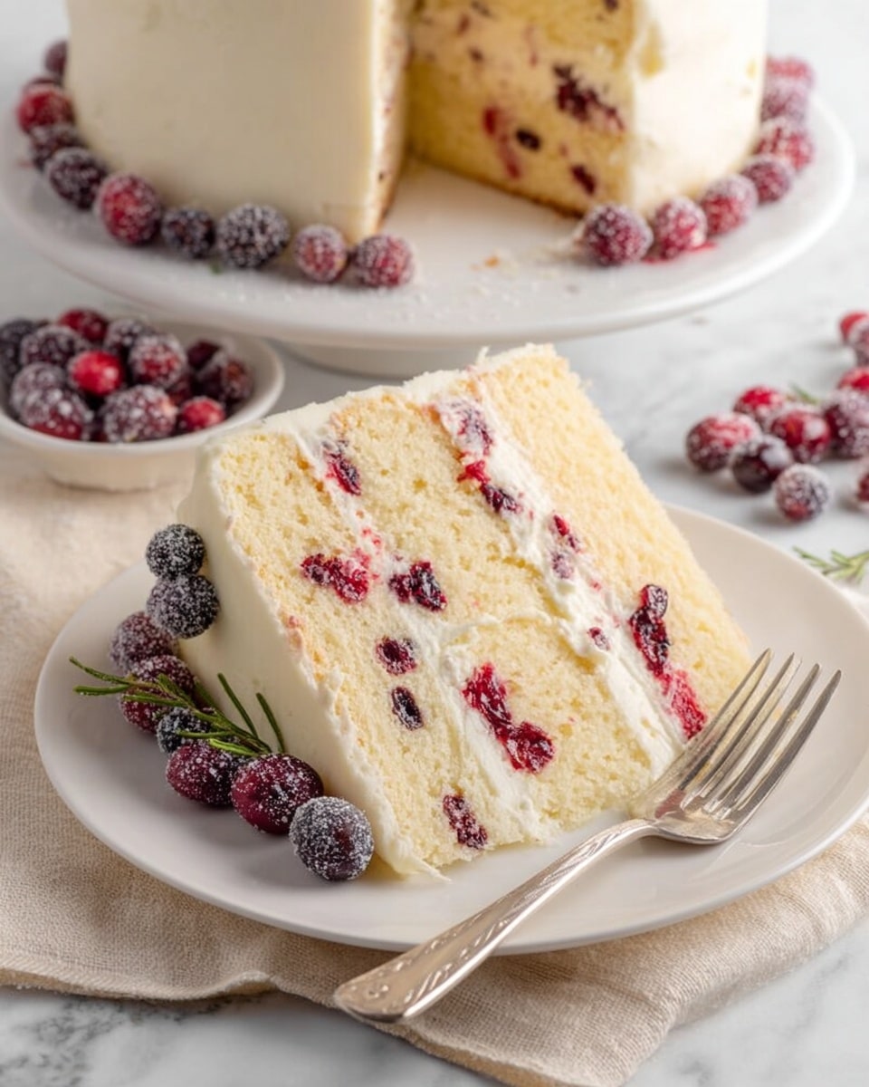 A round cake covered in smooth white frosting with a slightly rough texture around the sides sits on a white plate. The cake is decorated on top with a small brown gingerbread house, outlined with white icing, and a small red candy in the center acting as a door detail. Around the gingerbread house are green sprigs of rosemary and a few red cranberries dusted lightly with powdered sugar. The base of the cake is lined with sugared cranberries, and a light dusting of powdered sugar covers the whole cake and some of the surface around it, which has a white marbled texture. photo taken with an iphone --ar 4:5 --v 7