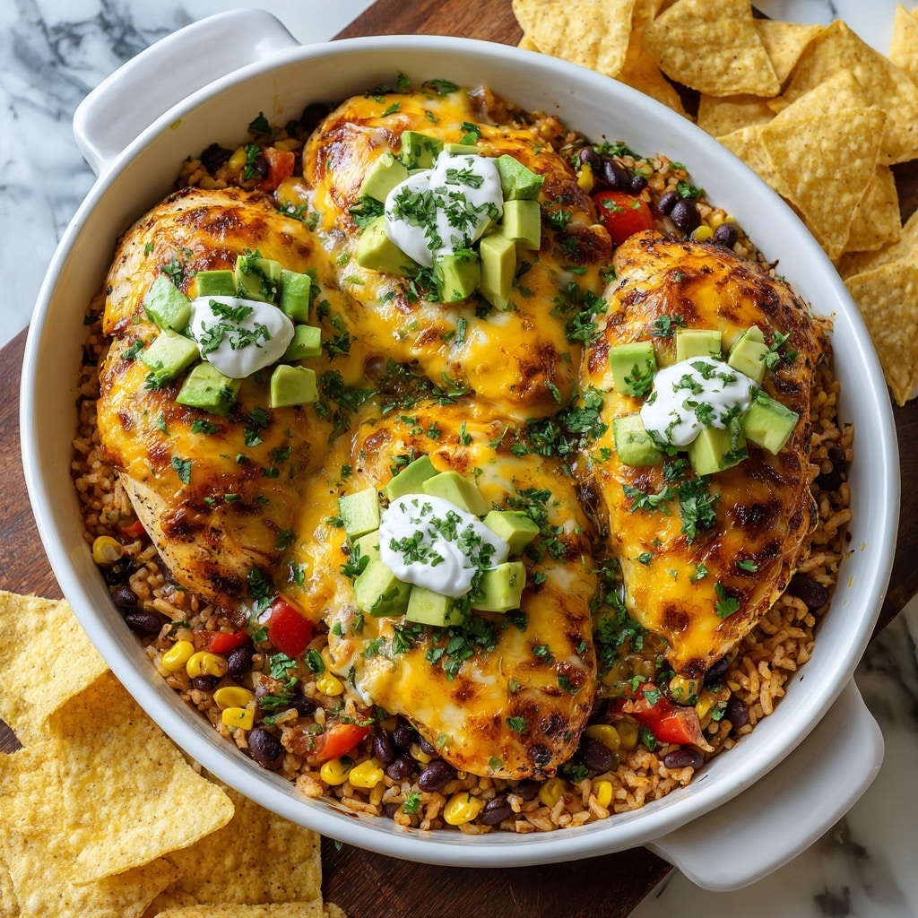 The image shows a white rectangular ceramic baking dish filled with three stuffed chicken breasts topped with melted yellow and white cheese, chopped green avocado pieces, and small dollops of white sour cream sprinkled with chopped green cilantro. Underneath the chicken, there is a colorful base made of cooked rice mixed with black beans, yellow corn, and small tomato pieces, all visible around the edges. The casserole dish sits on a wooden table next to some tortilla chips, and the overall backdrop is a white marbled texture. photo taken with an iphone --ar 4:5 --v 7