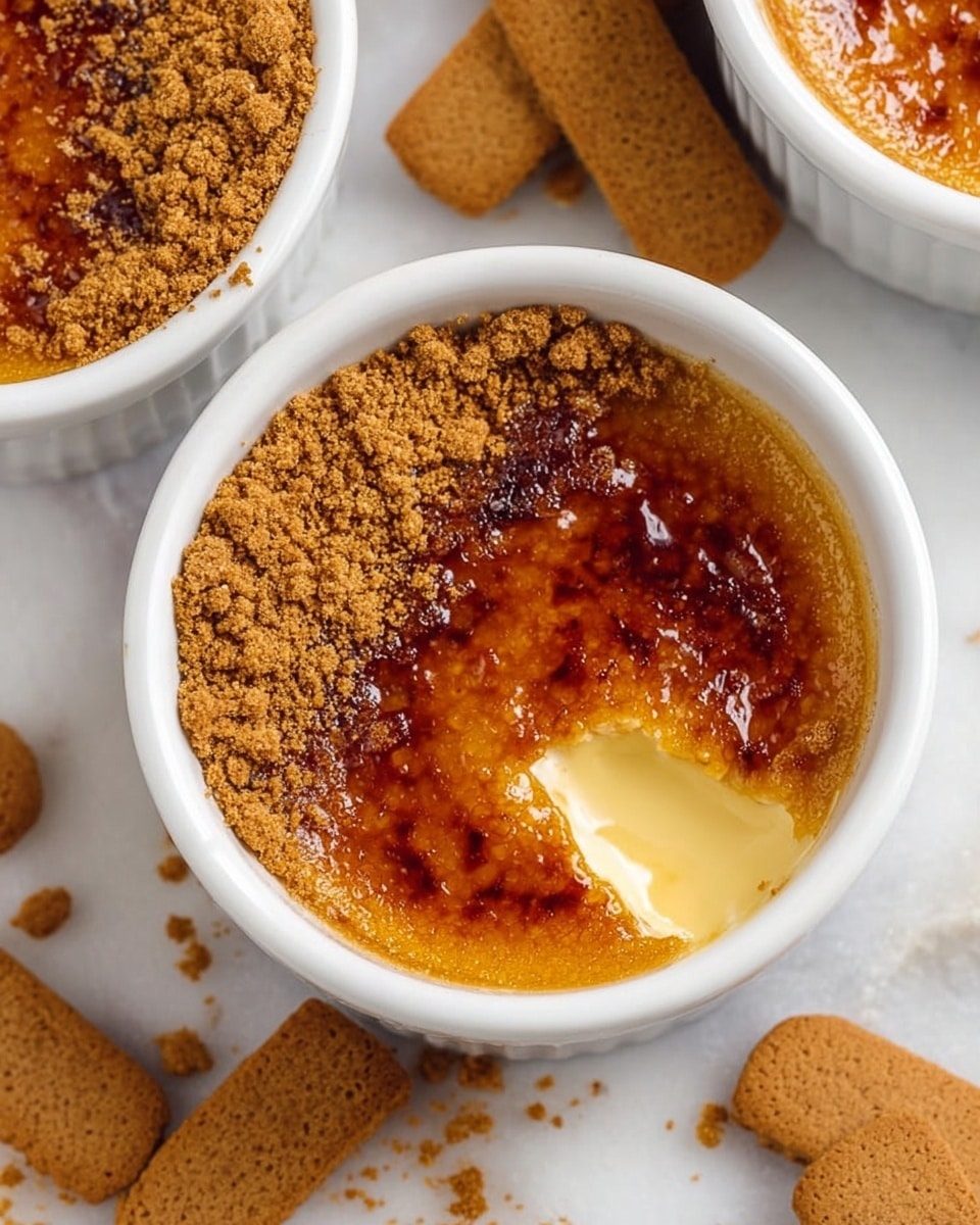 The image shows four white ceramic ramekins filled with a smooth, glossy caramelized top layer of crème brûlée, with a burnt amber color. Each ramekin has crumbled orange-brown cookie pieces sprinkled unevenly on one side of the caramelized surface. Around the ramekins, there are whole and broken orange-brown Lotus Biscoff cookies placed on a white marbled surface. A silver spoon lies near the bottom left ramekin, adding a metallic contrast. The overall composition is clean and bright, focusing on the rich texture and color of the caramelized tops and cookie crumbs. photo taken with an iphone --ar 4:5 --v 7
