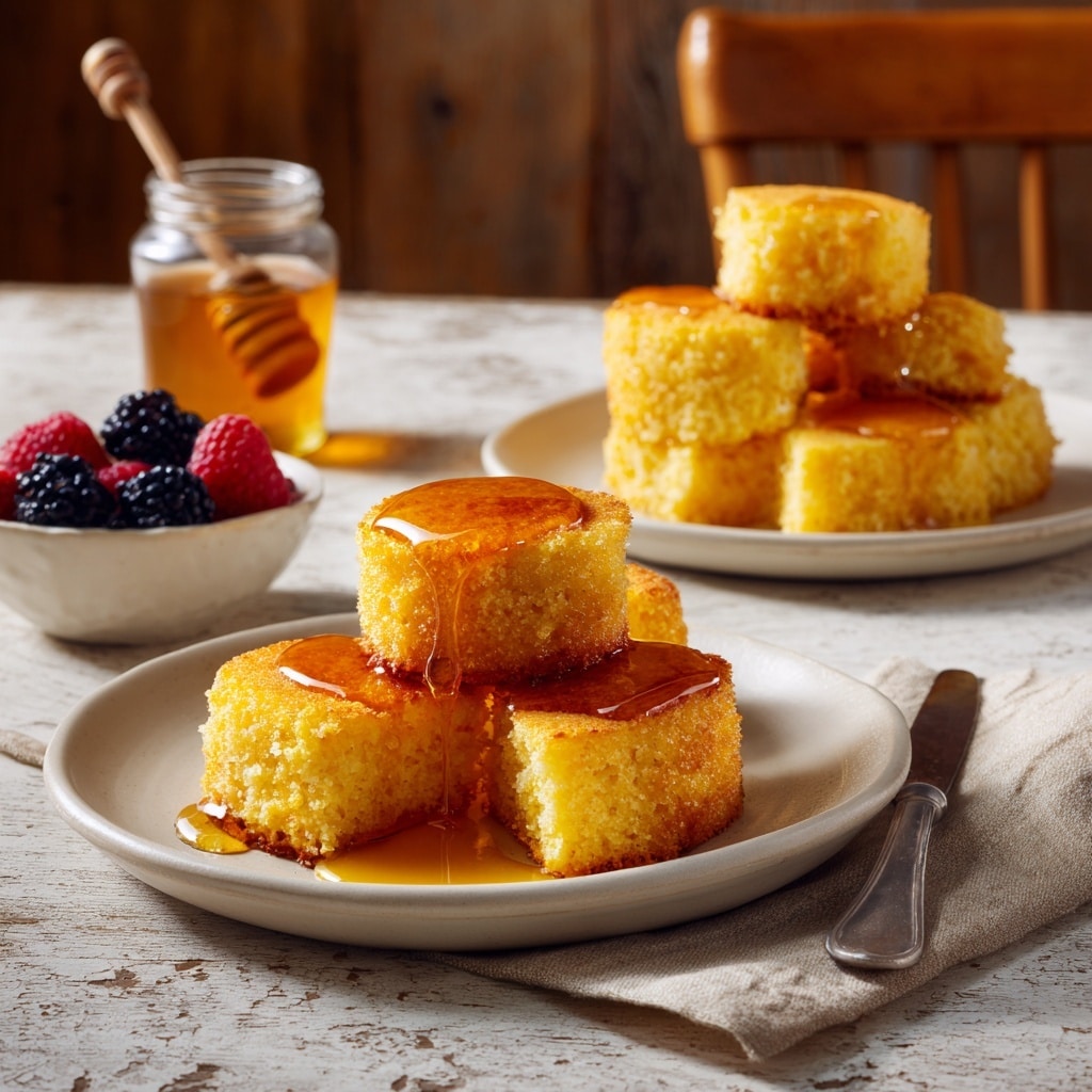 A white plate holds six golden brown, round cornbread pieces stacked loosely in the center; some cornbread slices have smooth, shiny honey syrup dripping over their textured tops and pooling lightly on the plate beneath them. Behind the plate, a small white bowl contains amber honey syrup, and a silver knife rests next to it on a beige cloth napkin. To the left, a small white bowl is filled with vibrant blueberries, raspberries, and blackberries, while behind it a glass jar holds golden honey with a wooden honey dipper sticking out. The scene sits on a rustic wooden table with a white marbled texture, with a wooden chair and warm-toned wooden wall softly blurred in the background. photo taken with an iphone --ar 4:5 --v 7