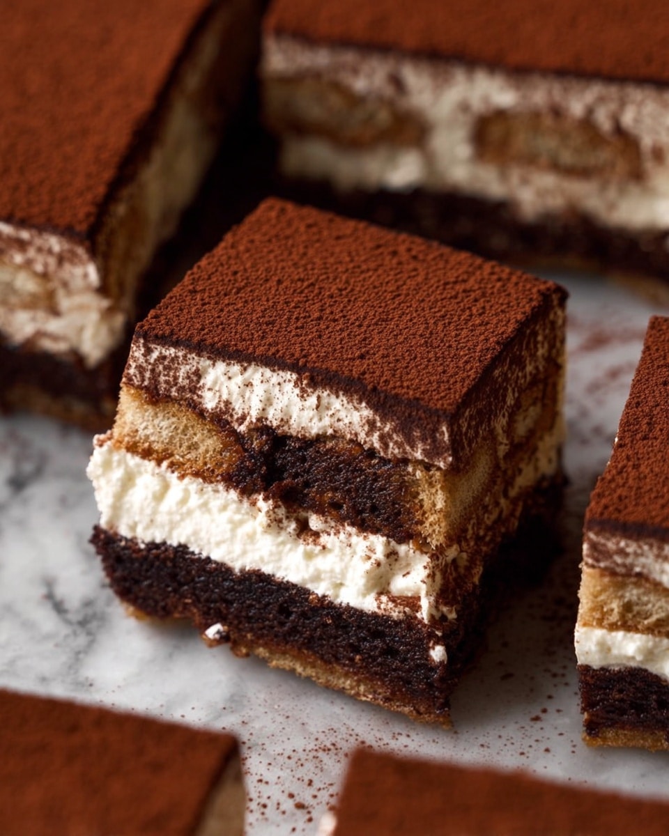 The image shows a piece of tiramisu with three visible layers on a white plate with a dark decorative edge. The bottom layer is dark brown and moist, likely soaked cake or biscuit. Above it is a lighter cream layer with a smooth texture. The top layer is a thick dusting of cocoa powder, covering the whole surface. The square piece has a bite taken from one side, showing the thickness and texture of each layer clearly. Cocoa powder is also scattered around the plate. A spoon with cocoa powder on it lies in front of the plate. The background is a white marbled texture. photo taken with an iphone --ar 4:5 --v 7