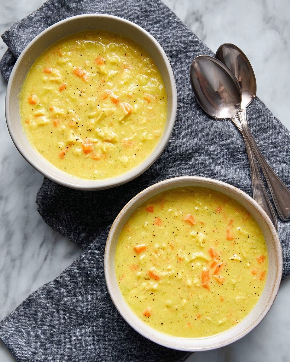 A white pot with two handles is filled with a yellow-green soup that has small cubes of zucchini and pieces of other vegetables floating on top. The soup looks clear with some herbs and spices visible inside. A woman's hand holding a white spatula with a light wooden handle stirs the soup gently. The pot is set on a black electric burner, all placed on a white marbled texture surface. photo taken with an iphone --ar 4:5 --v 7