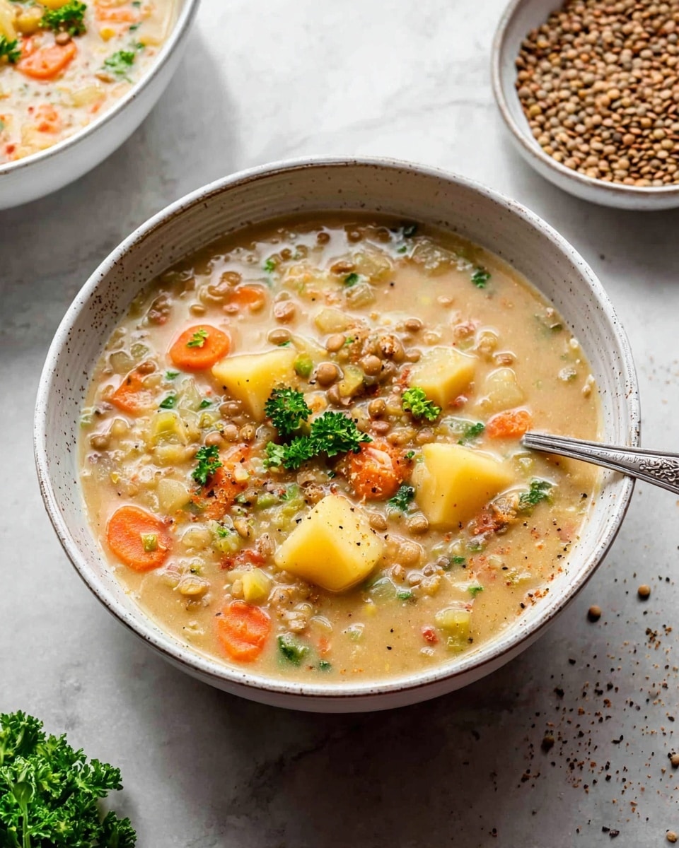 A large white bowl filled with thick lentil soup, showing visible layers of soft orange carrot slices, chunky light yellow potato pieces, and small brown lentils mixed throughout a creamy light beige broth. Green parsley leaves float on the surface, adding a fresh touch. To the left, a second white bowl holds a smaller serving of the same soup with a similar texture and colors. Above and between the bowls, a small white cup is filled with dry brown lentils. On the left side, a beige cloth napkin lies on the white marbled surface, with some fresh parsley near the bottom. A silver spoon rests inside the large bowl, partially submerged in the soup. The photo taken with an iphone --ar 4:5 --v 7
