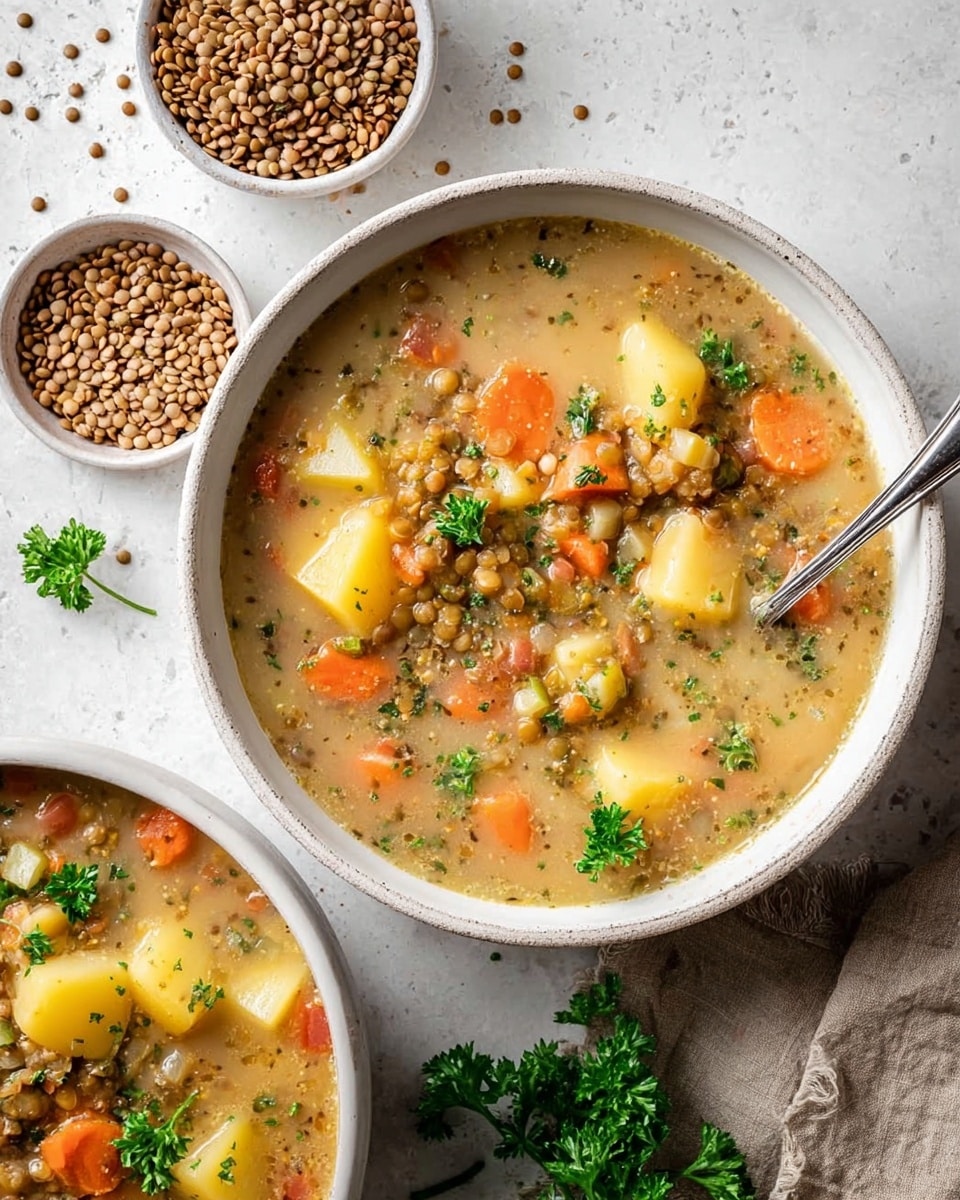 A large white bowl filled with thick lentil soup, showing three layers: a creamy light beige broth at the base, scattered orange carrot slices and yellow potato chunks floating in the middle, and small green parsley leaves and brown lentils floating on top. The soup looks rich and chunky with visible herbs and small bits of celery. A silver spoon rests inside the bowl on the right side. In the background, there is a small white bowl with dry lentils and some fresh parsley on the white marbled surface. Photo taken with an iphone --ar 4:5 --v 7