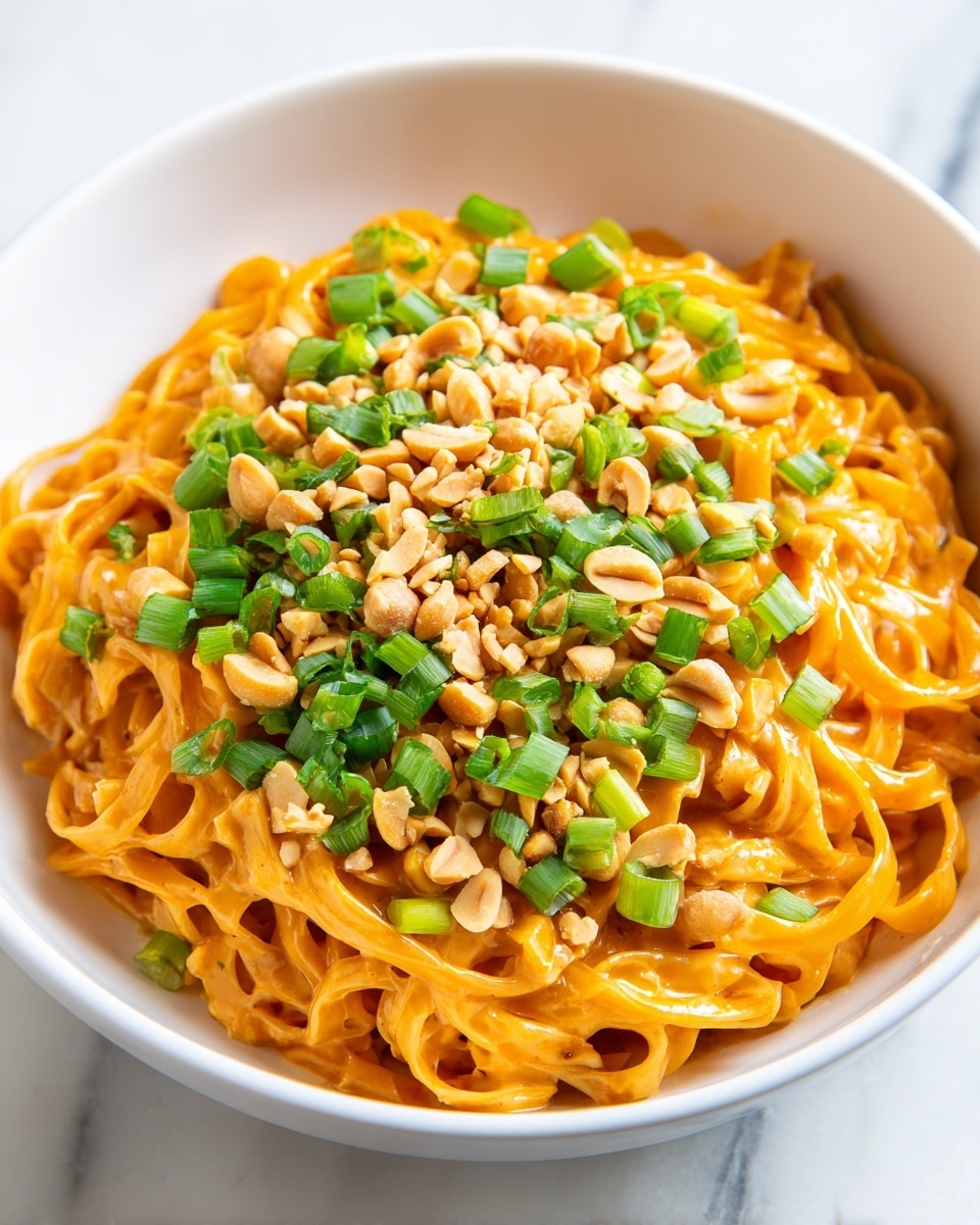 A white bowl filled with a single layer of cooked orange noodles coated in a creamy sauce. On top of the noodles, there is a layer of light brown peanuts, broken into small pieces, scattered evenly. The top layer has bright green chopped scallions spread over the peanuts and noodles. The bowl is placed on a surface with a white marbled texture. photo taken with an iphone --ar 4:5 --v 7