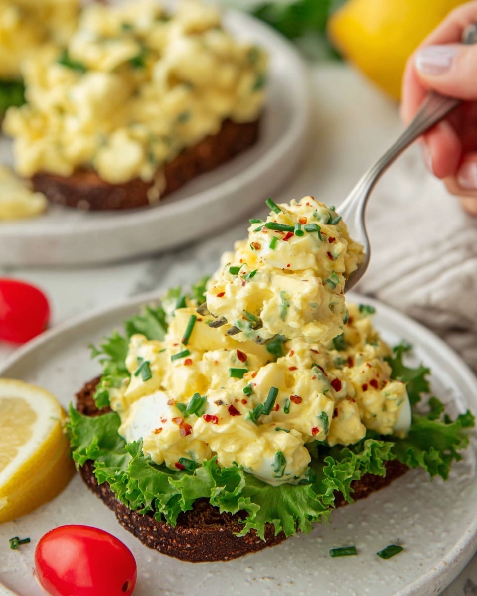 An open sandwich on a piece of dark brown bread is topped with a fresh green lettuce leaf as the first layer, followed by a creamy egg salad mixed with small chopped green onions and red pepper flakes on top. The sandwich sits on a white piece of parchment paper placed over a dark wooden board. Around it, there are halved bright red cherry tomatoes and a slice of lemon on a white marbled textured surface. In the background, a white plate holds more of the egg salad mixture, adding a touch of yellow and green colors. photo taken with an iphone --ar 4:5 --v 7