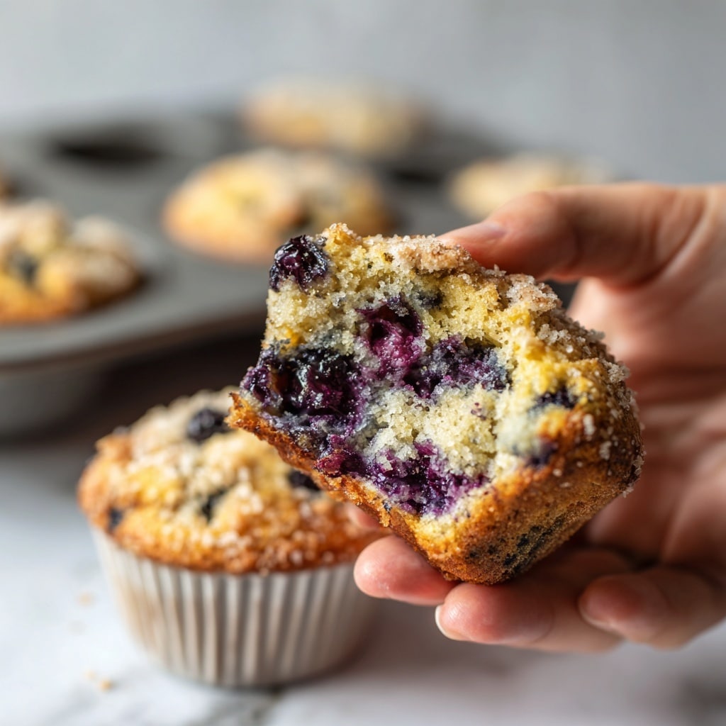 The image shows a white muffin tray on a white marbled surface with five golden brown blueberry muffins, each wrapped in light brown parchment paper, arranged in a circular pattern, with some muffins having visible whole blueberries on top. In one empty tray space, there is a small white bowl filled with fresh blueberries, with a few scattered nearby. The texture of the muffins looks soft and slightly crumbly, and the lighting is natural, making the blueberries appear plump and fresh. photo taken with an iphone --ar 4:5 --v 7