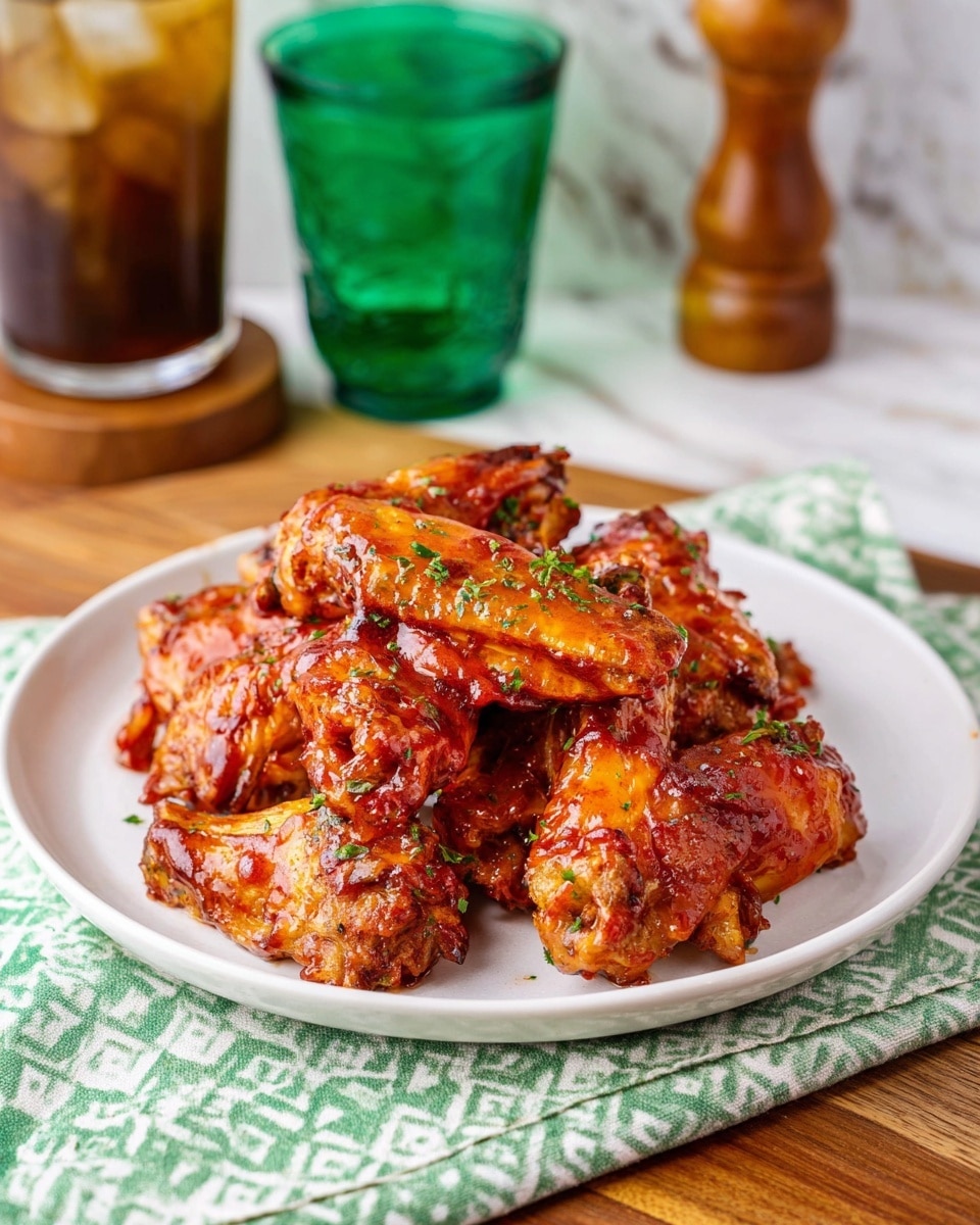 Five chicken wings are placed close together on a silver foil-lined surface. Each wing is golden-orange in color with a shiny, sticky glaze of reddish-brown sauce covering them. The wings have a slightly crispy texture visible beneath the sauce. Sprinkled chopped green herbs are scattered over the wings for a touch of color contrast. The foil underneath has some spots of sauce and oil, adding a glistening effect. photo taken with an iphone --ar 4:5 --v 7