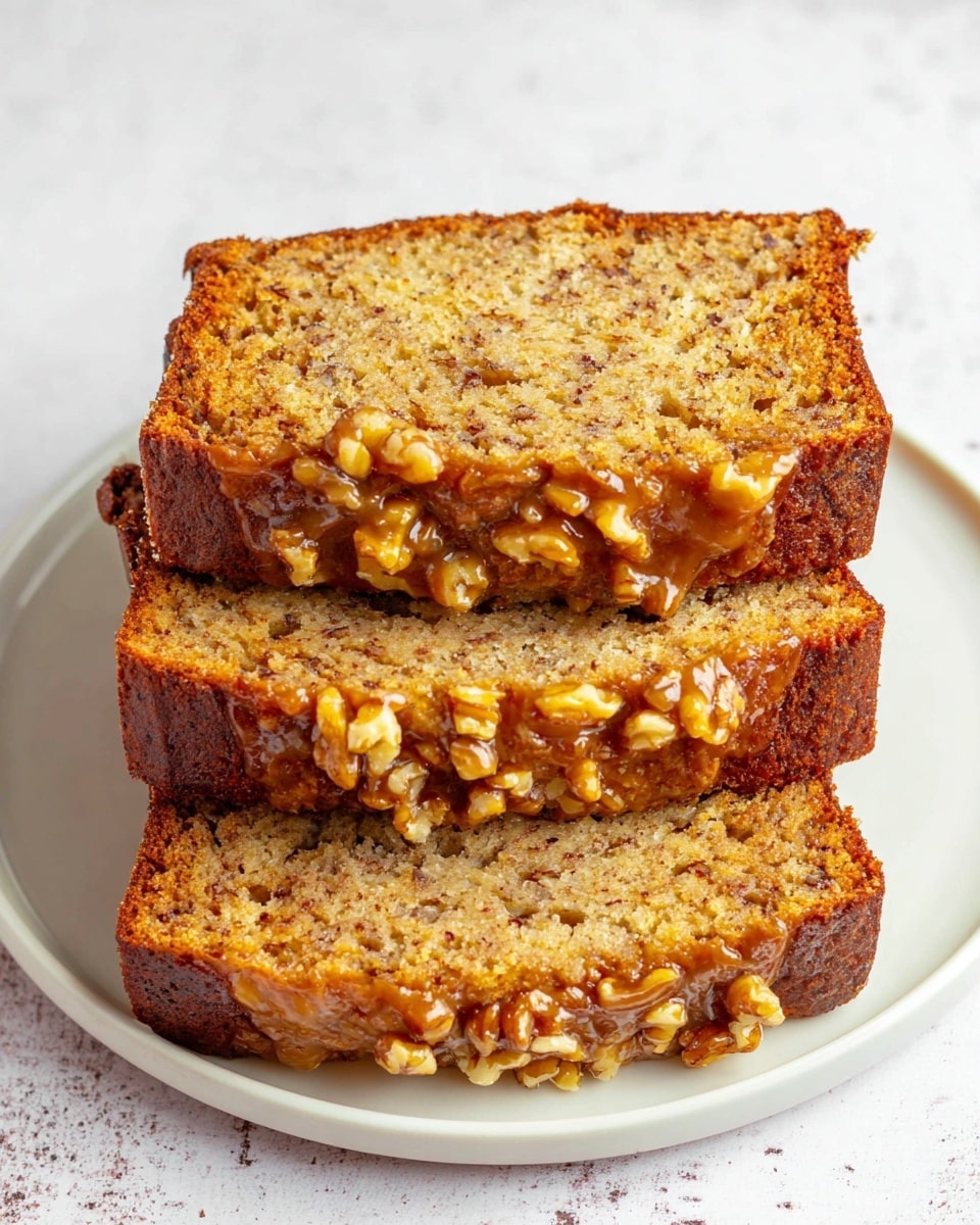 A loaf of banana bread sits on a wooden board over a white marbled surface, sliced to show its soft, moist inside with a light brown color and small darker specks. The top layer is coated with a thick, glossy caramel glaze mixed with crushed nuts, spreading down slightly over the edges and between the slices. The bread has a golden-brown crust that contrasts with the lighter inside. A yellow banana is faintly visible in the background. Photo taken with an iphone --ar 4:5 --v 7
