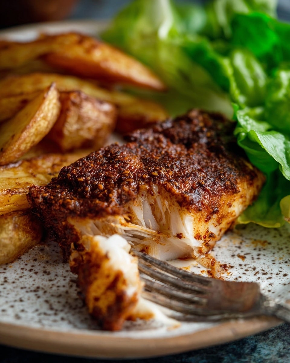 A close-up of a white, speckled plate holding a breaded, deep brown fried chicken breast with a crispy texture on the bottom center, surrounded on the top right by golden, crisp potato wedges with browned edges. On the left side of the plate, fresh mixed green leafy lettuce adds a bright green color contrast. The plate rests on a rustic wooden surface with a white marbled texture in the background, and a fork with a blue cloth is slightly visible in the background. photo taken with an iphone --ar 4:5 --v 7