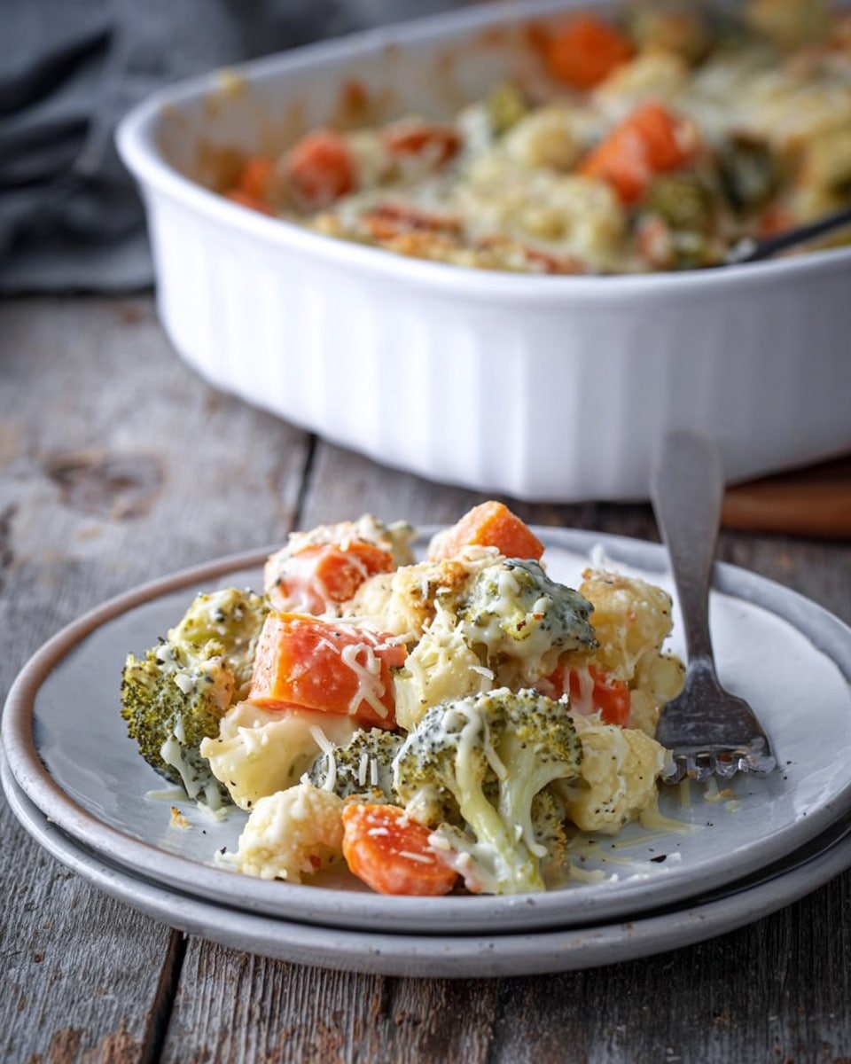 A close-up image of a creamy vegetable casserole in a white ceramic baking dish filled with layers of broccoli, cauliflower, and bright orange baby carrots mixed in a pale, cheesy sauce. The top layer includes tender green broccoli florets, white cauliflower pieces, and plump orange carrots, all covered lightly in sauce. A metal spoon lifts a portion from the dish, showing the creamy texture and a mix of vegetables. The baking dish surface has browned spots around the edges, indicating it is baked, and it is set on a white marbled texture surface with a soft cloth nearby. photo taken with an iphone --ar 4:5 --v 7